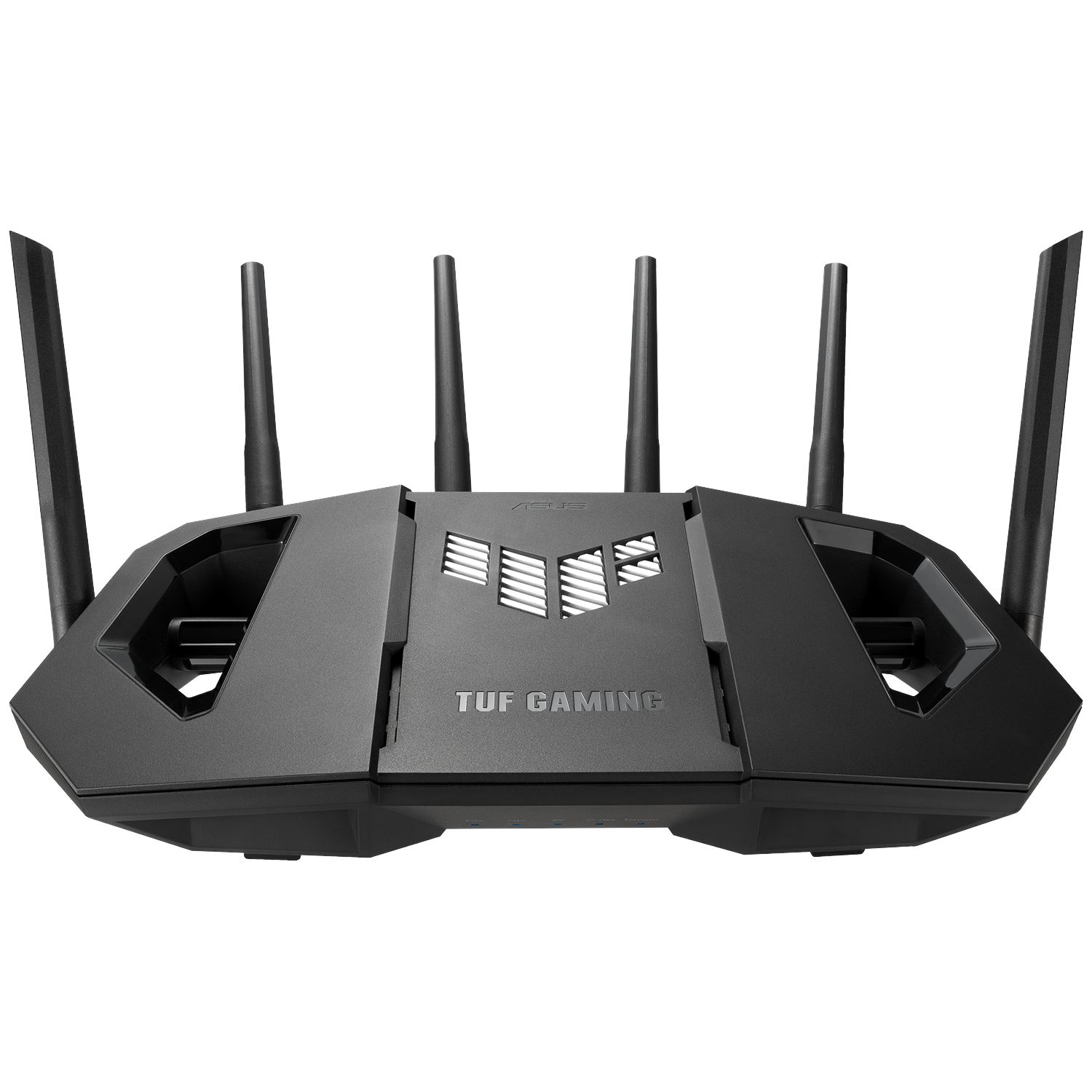Een zwarte ASUS TUF Gaming router met zes antennes op een zwarte achtergrond.