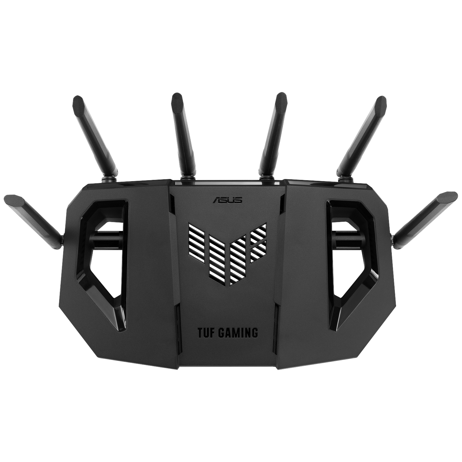 Een zwarte router met zes antennes, met het Asus TUF Gaming logo.