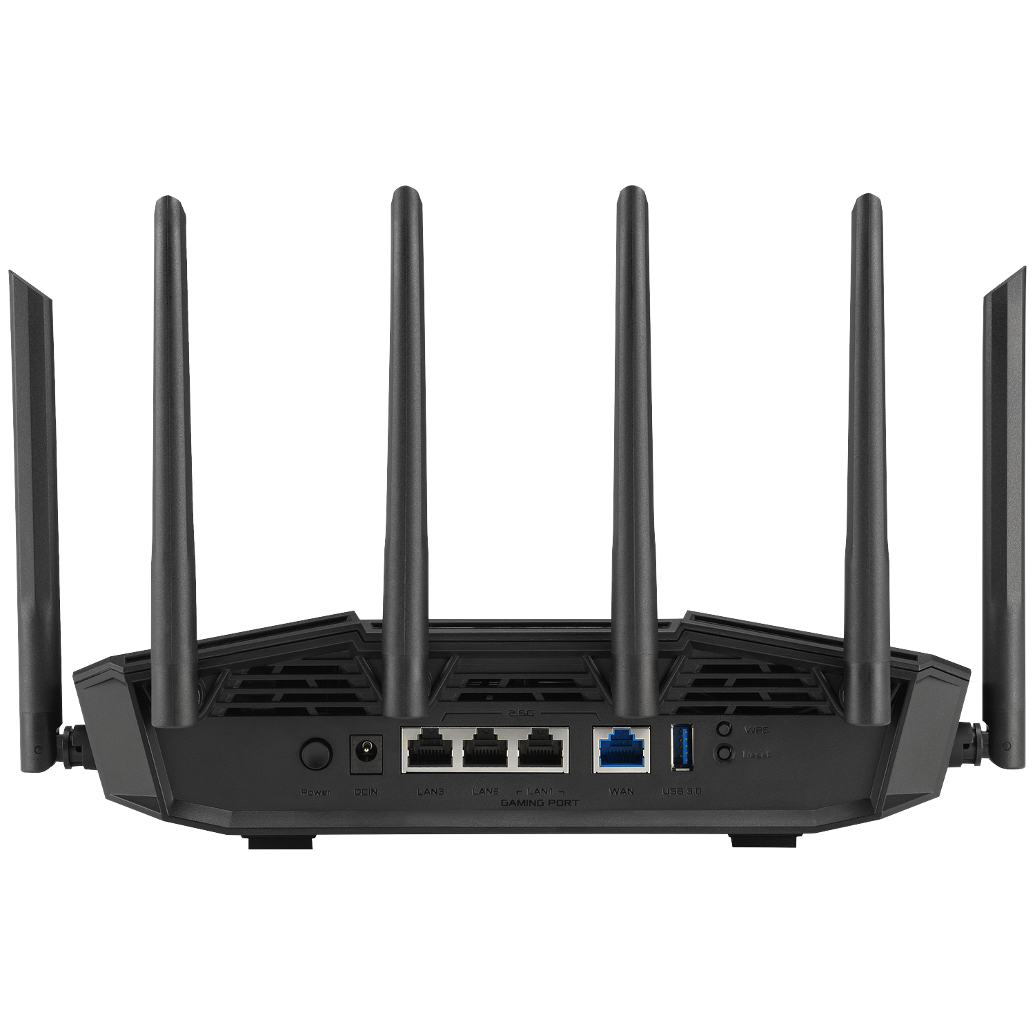 Zwarte router met zes antennes. Poorten: DCIN, LAN, WAN en USB 3.0.