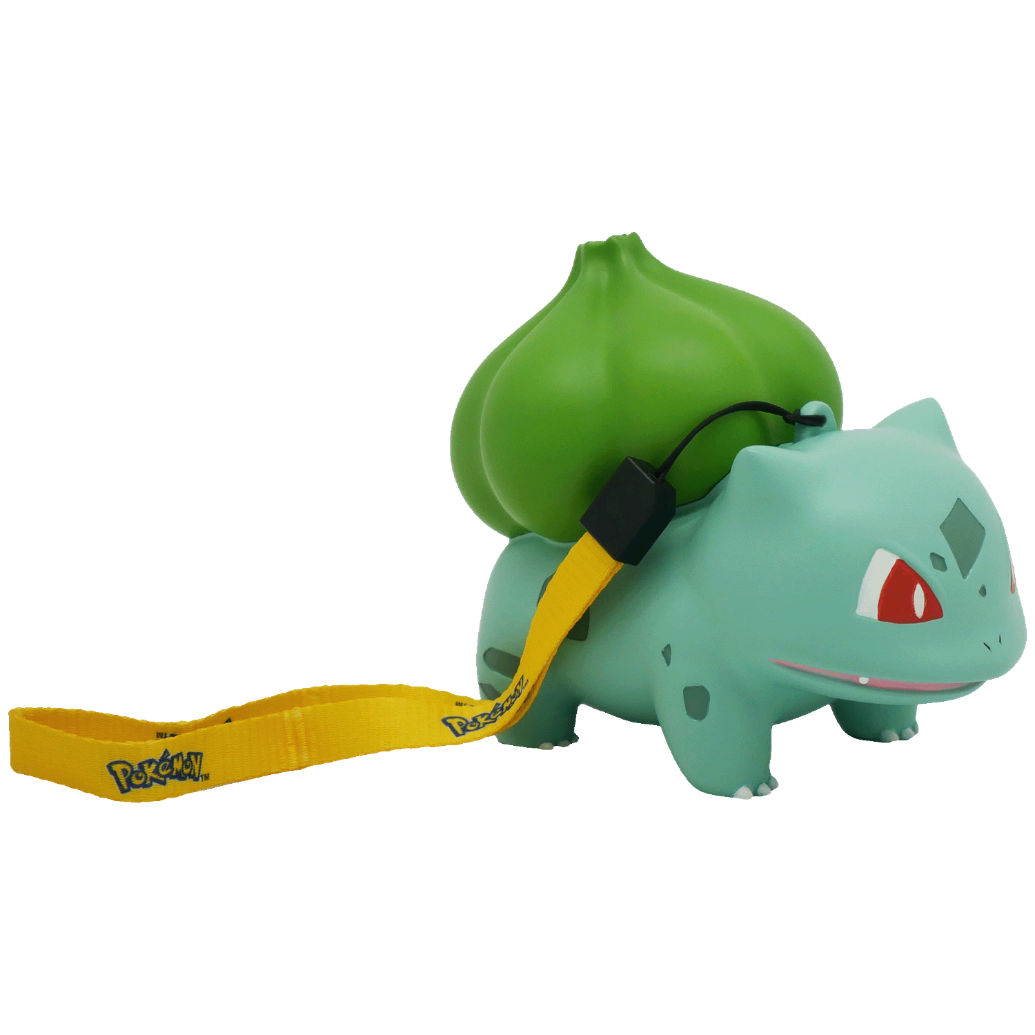 Een groene Bulbasaur figuur met een grote groene bol op zijn rug en een geel Pokémon-koord.