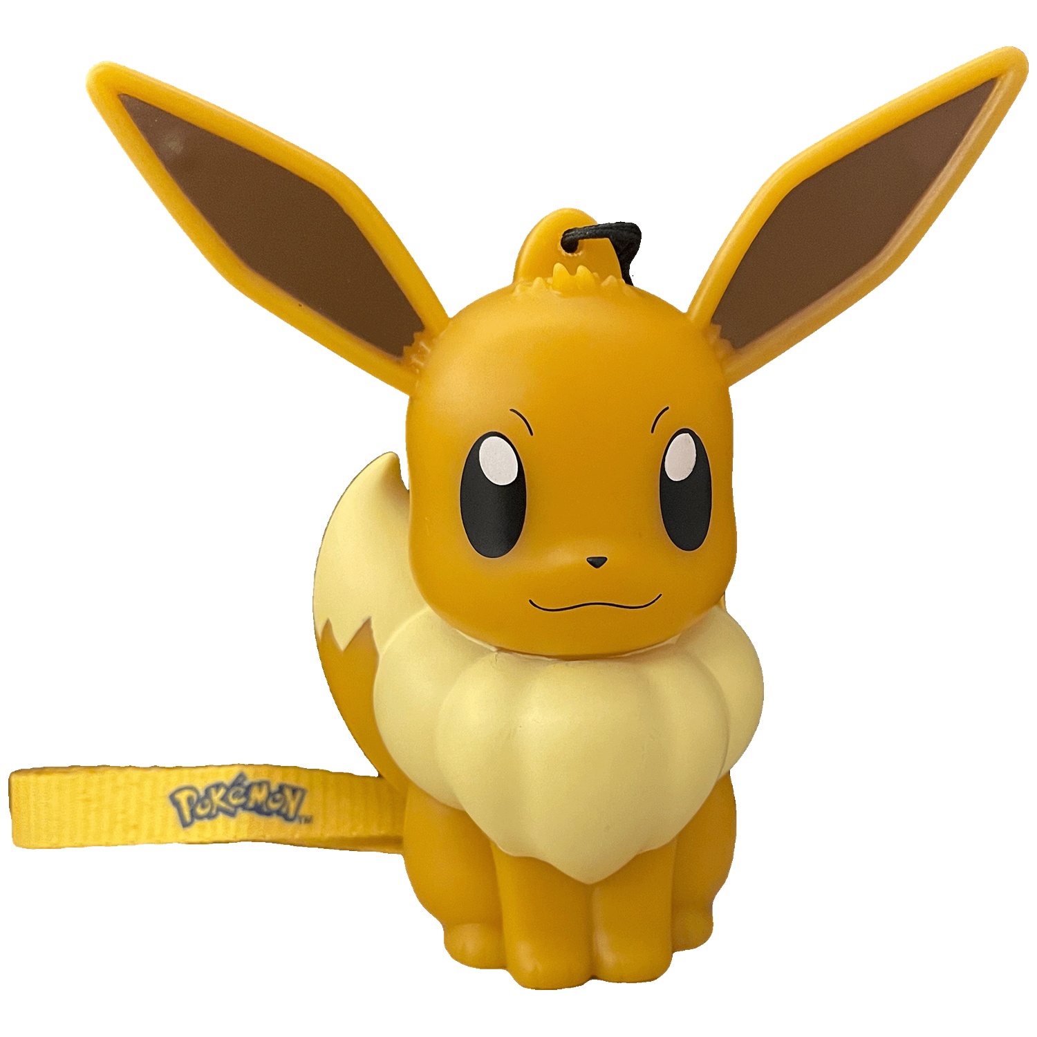 Geel Eevee figuur met grote oren en Pokémon logo op een band.