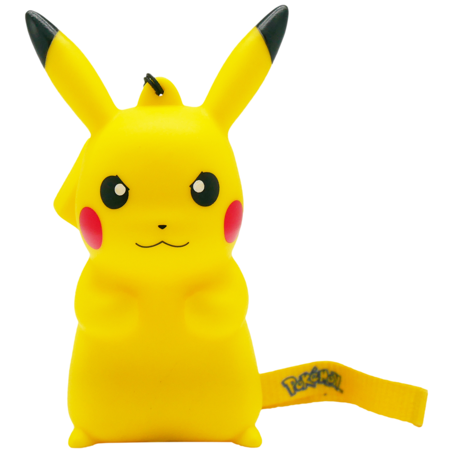 Gele Pikachu-figuur met zwarte oortips en Pokémon-logo op de staart.