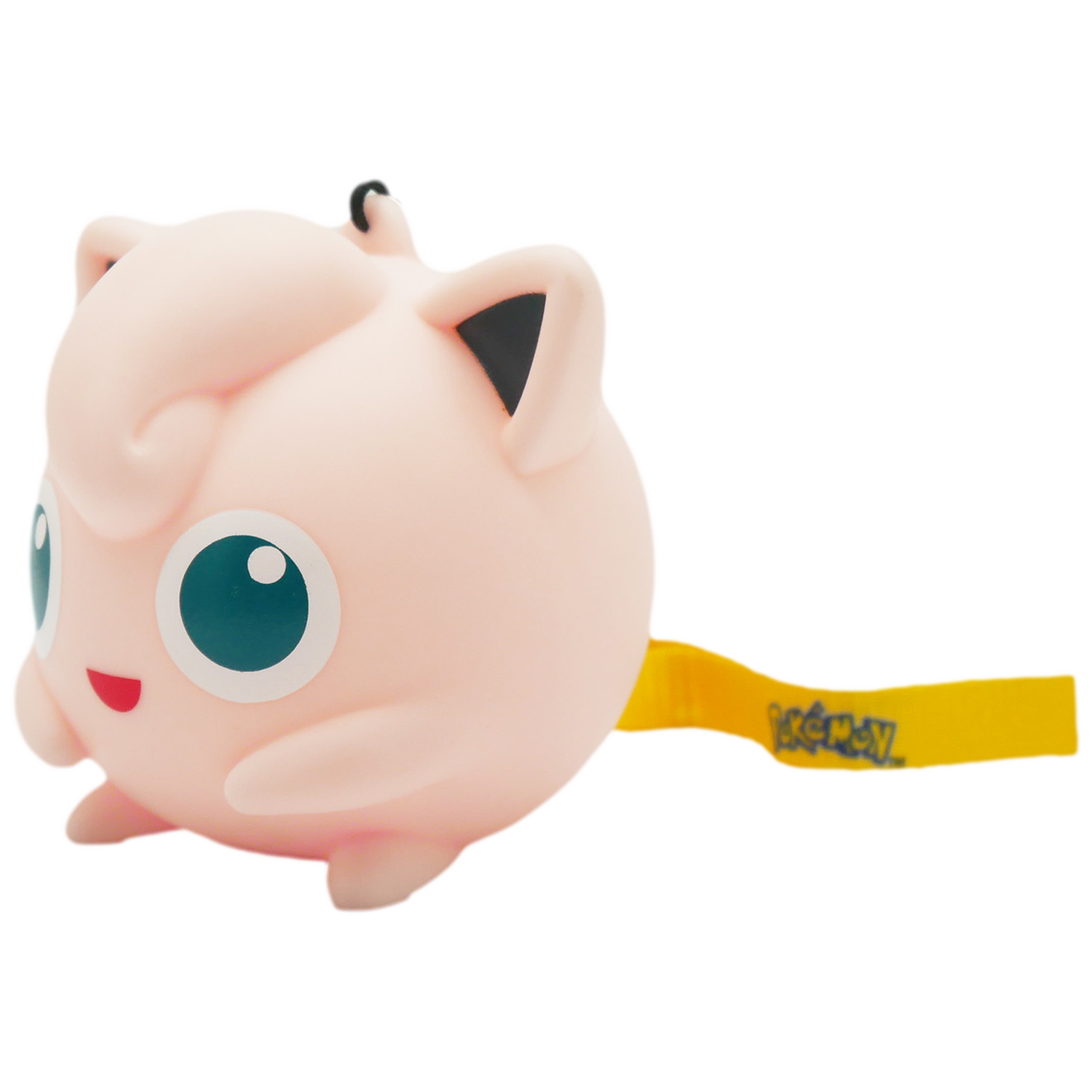 Een roze Jigglypuff-figuur met blauwe ogen en een geel lint.