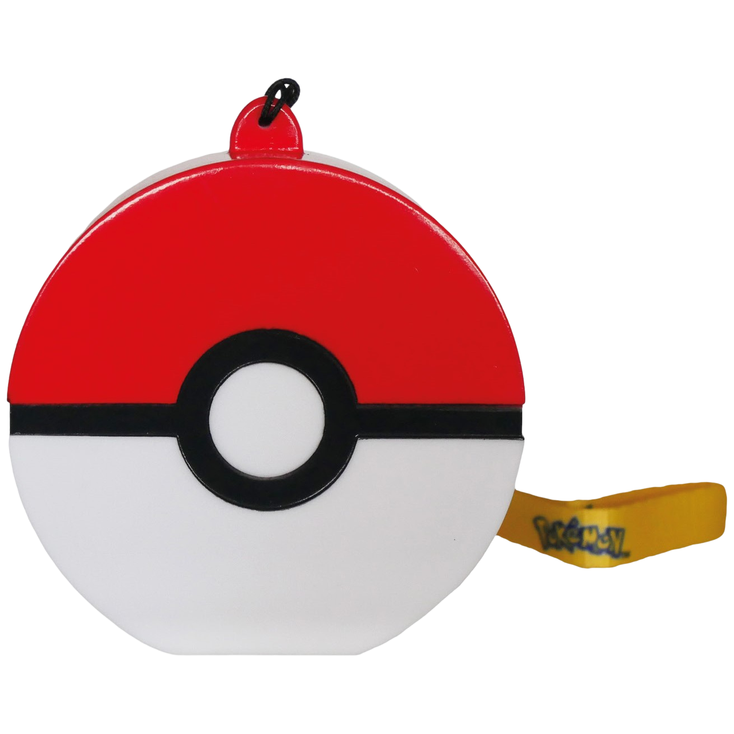Een Pokeball-vormig object met een rood bovenste deel, wit onderste deel en een gele band.