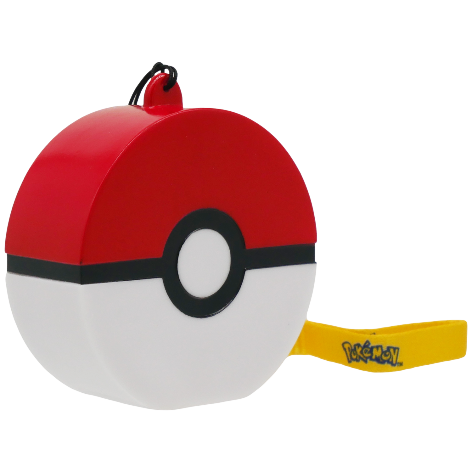 Ronde pokébal met rood en wit bovenstuk, zwarte band en gele riem.