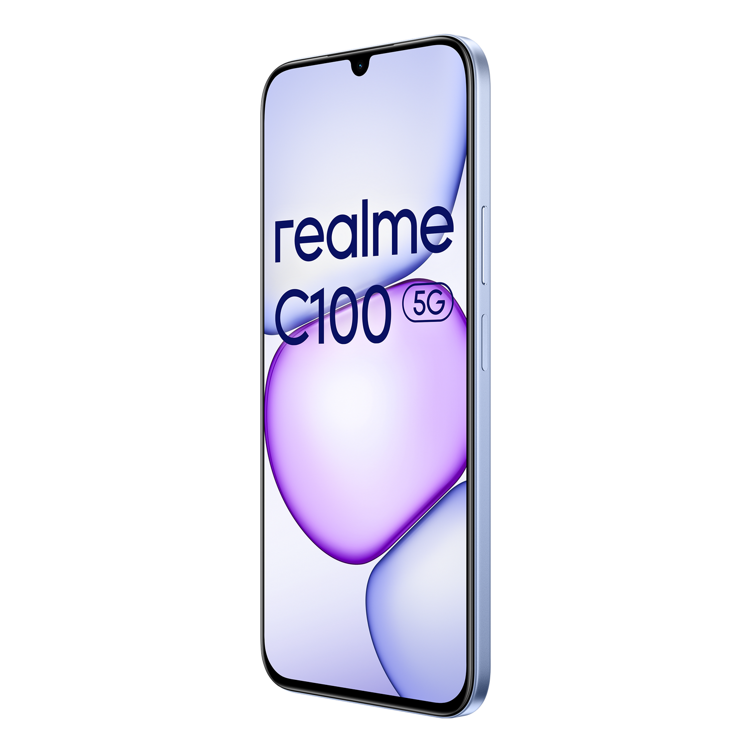 Un smartphone Realme C100 5G azul claro con una muesca de gota de agua en la pantalla.