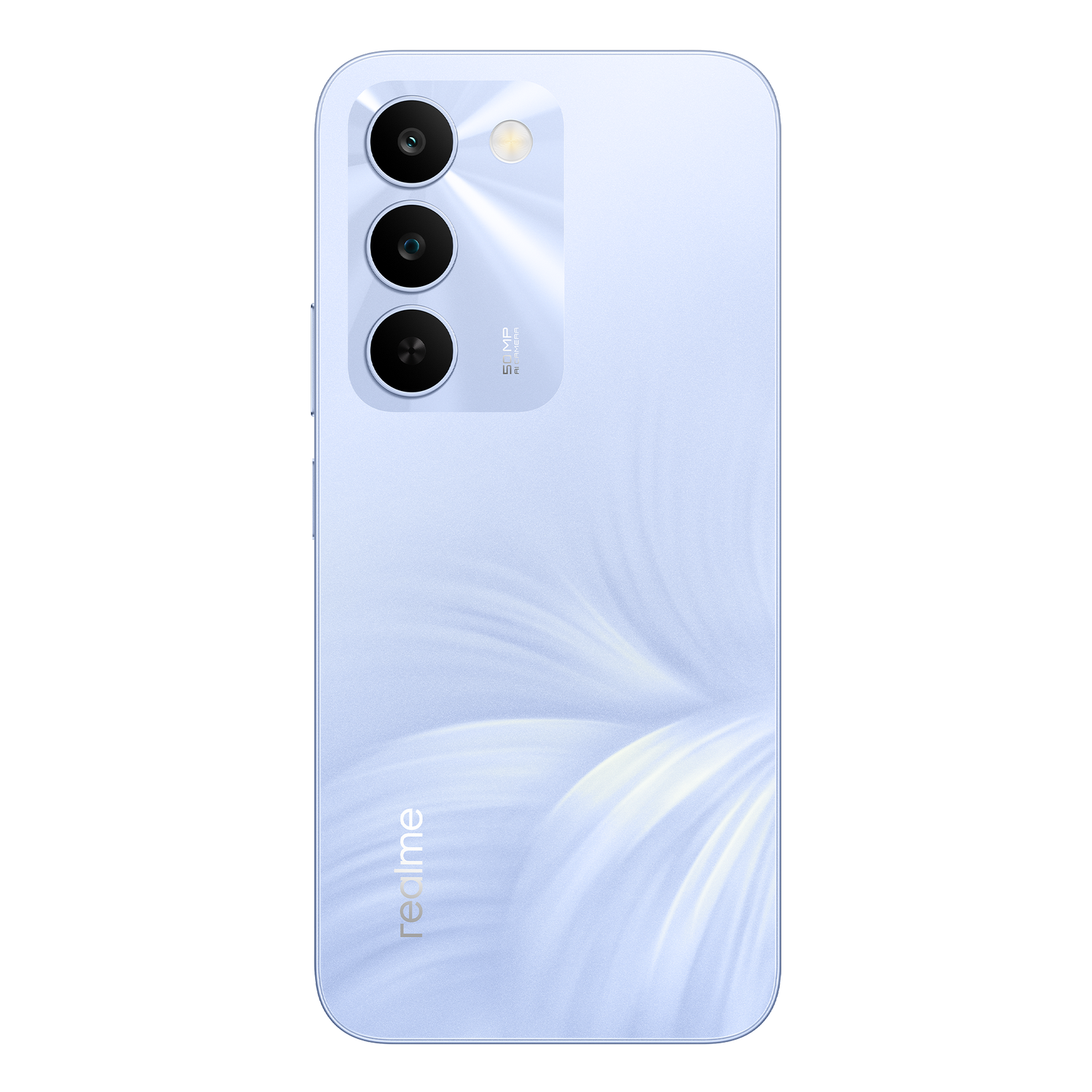 Un smartphone lila claro con triple cámara y parte trasera texturizada.