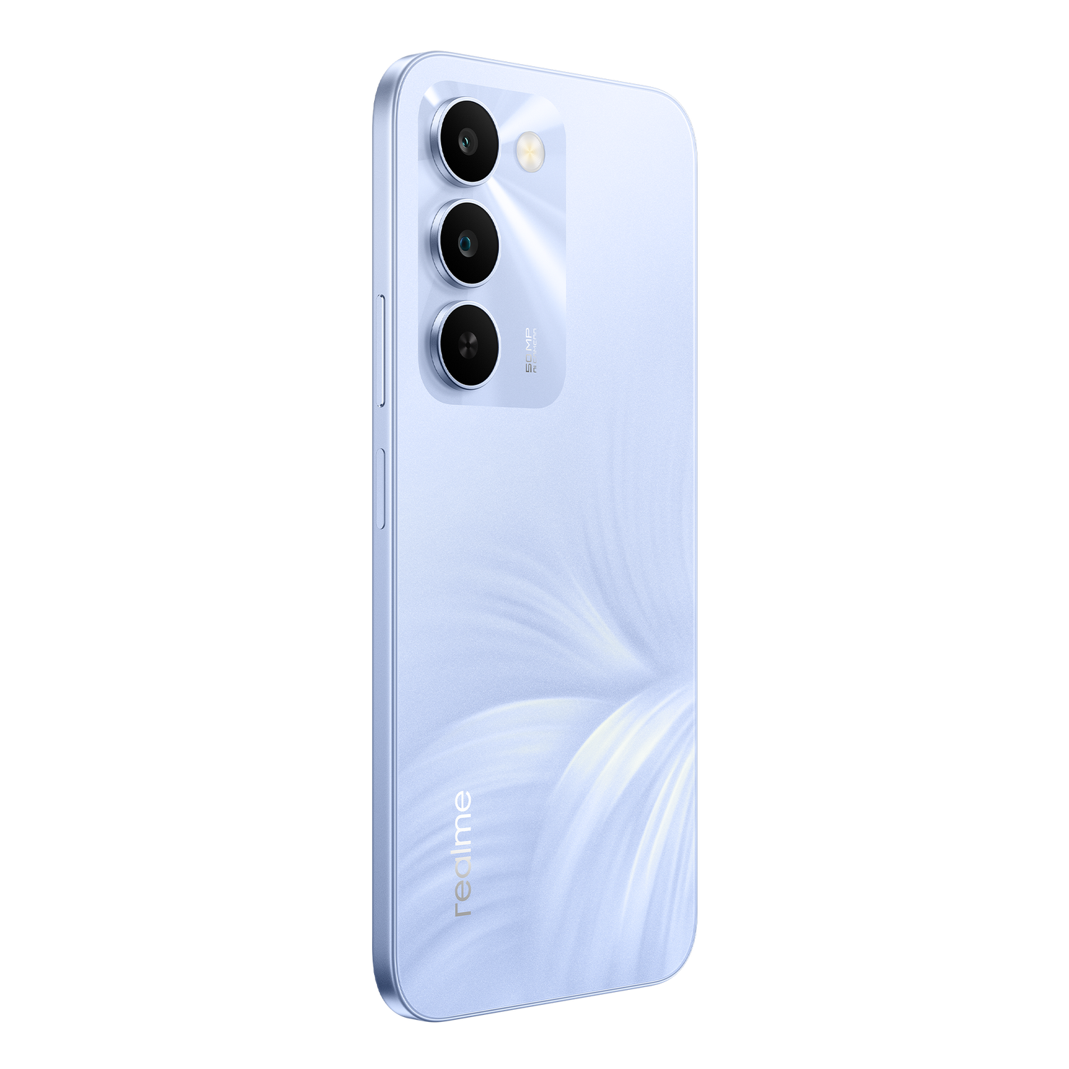 Un smartphone azul claro con tres cámaras y el logo de Realme sobre fondo negro.