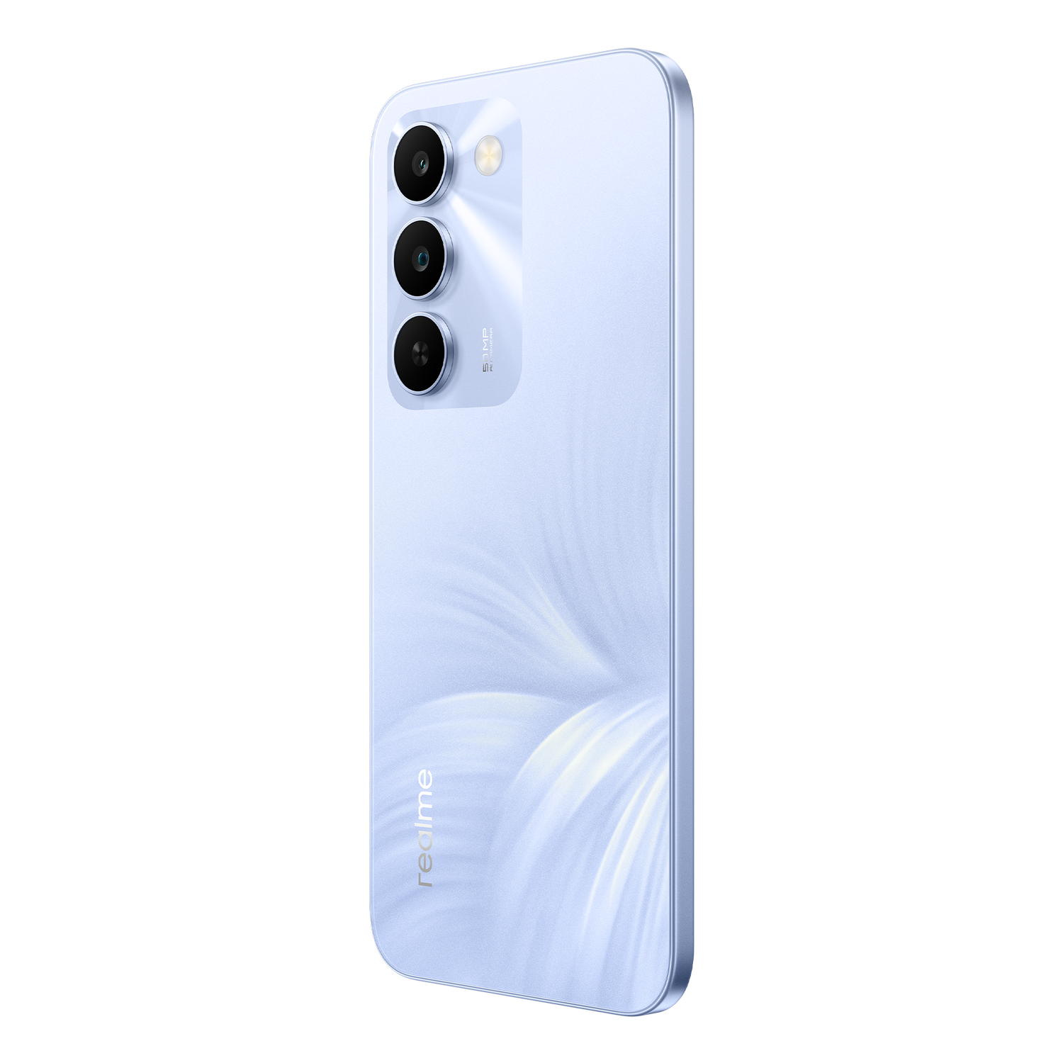 Un teléfono inteligente azul claro con tres cámaras en la parte trasera.