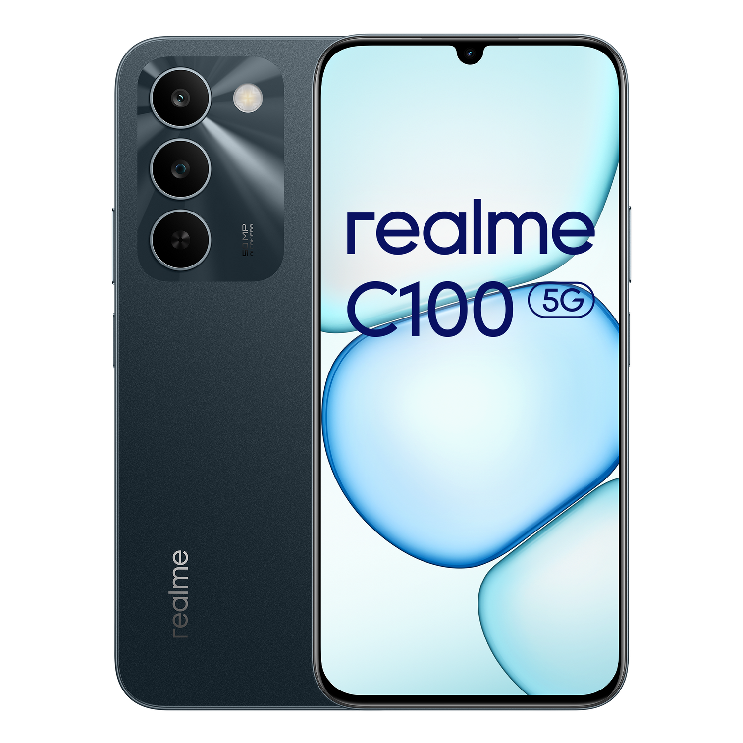 Smartphone Realme C100 5G gris oscuro con tres cámaras traseras y logo Realme.