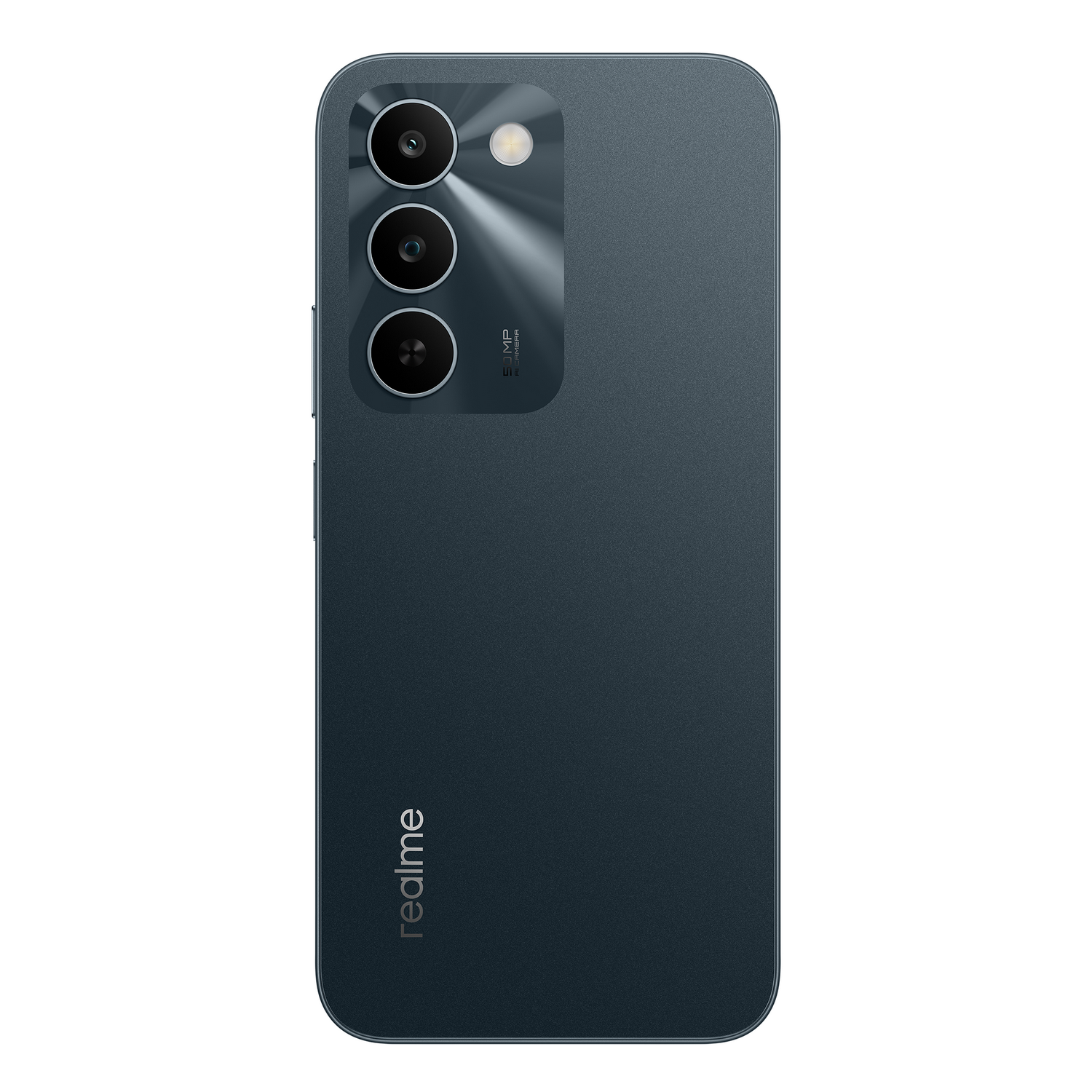 Teléfono inteligente gris oscuro con tres cámaras y logo de Realme.