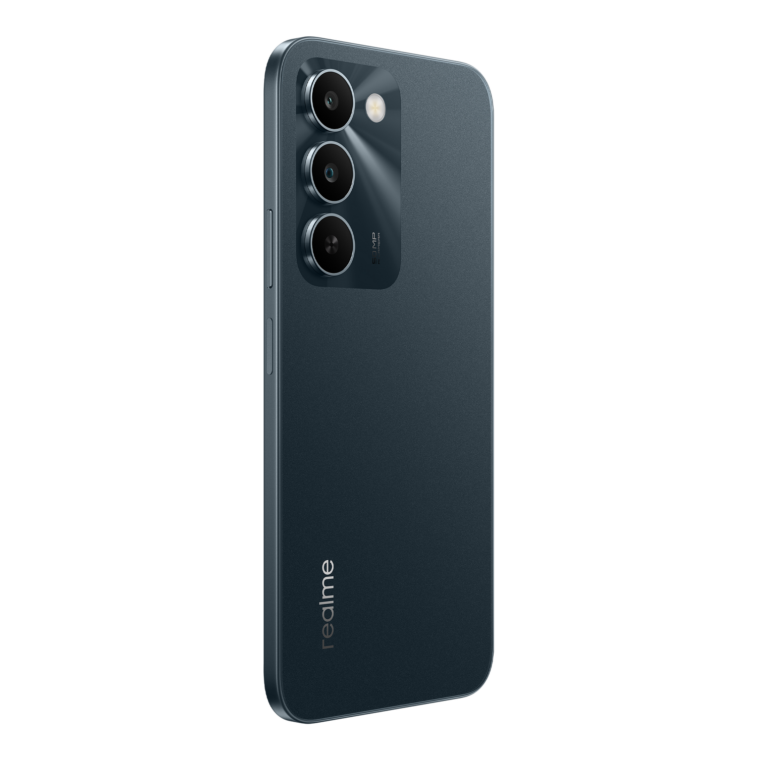 Smartphone azul oscuro trasero con tres cámaras y logo Realme.