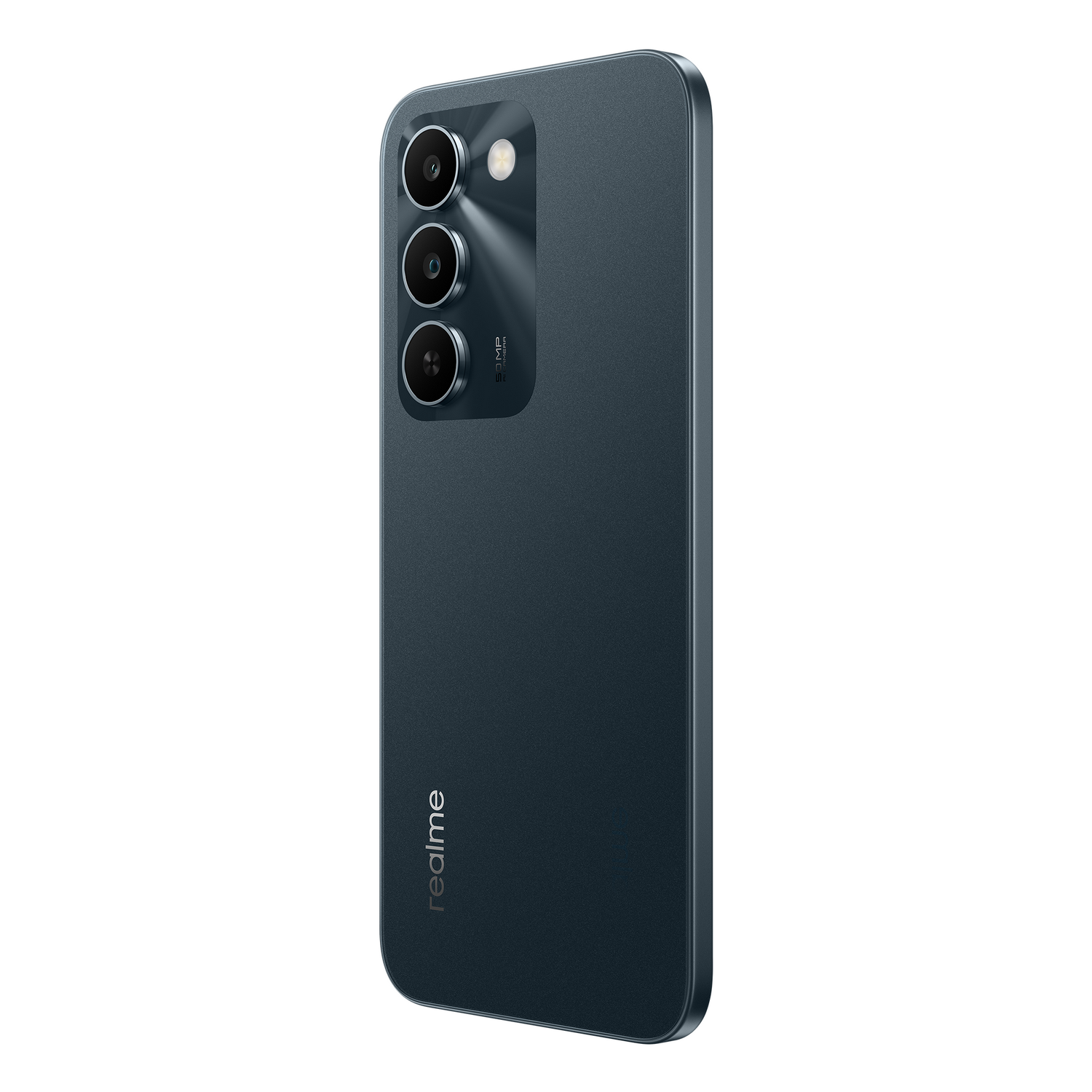 Teléfono inteligente azul oscuro con cámara triple y logo de Realme atrás.