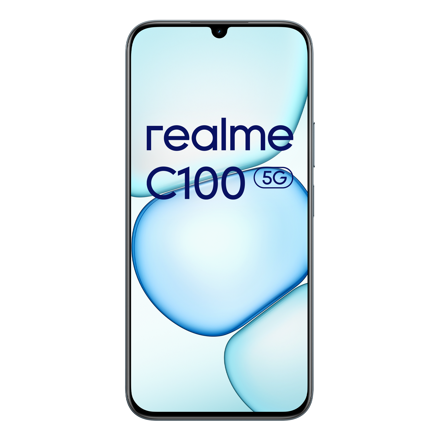 Un smartphone Realme C100 5G con fondo azul y blanco.