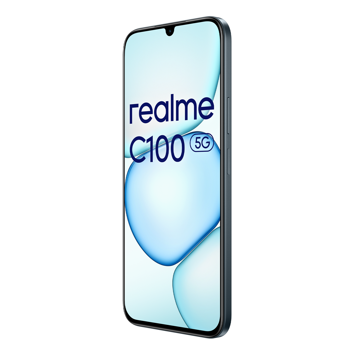 Un smartphone Realme C100 5G oscuro con un fondo azul similar a burbujas.