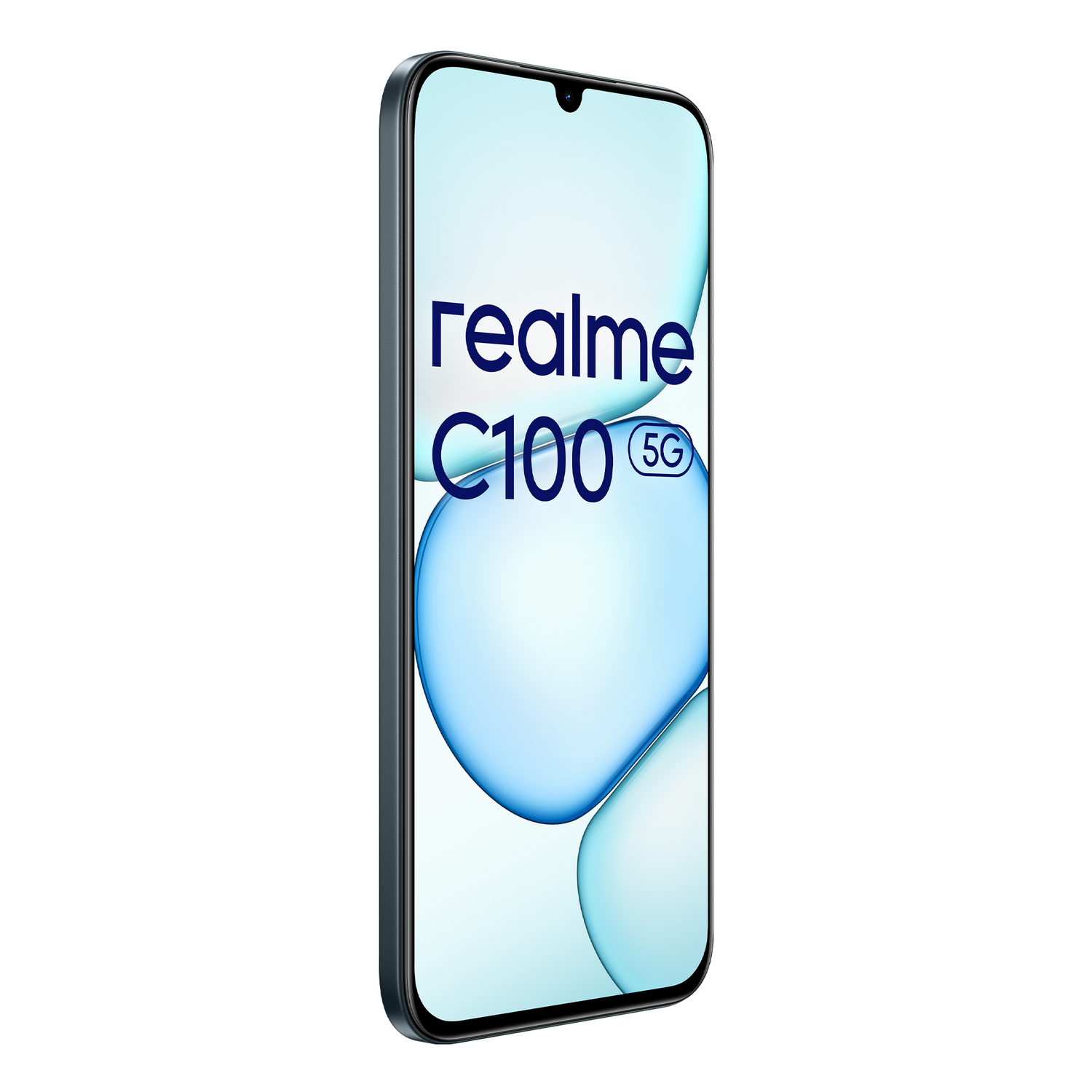 Un smartphone oscuro que muestra el logo de Realme C100 5G en su pantalla.