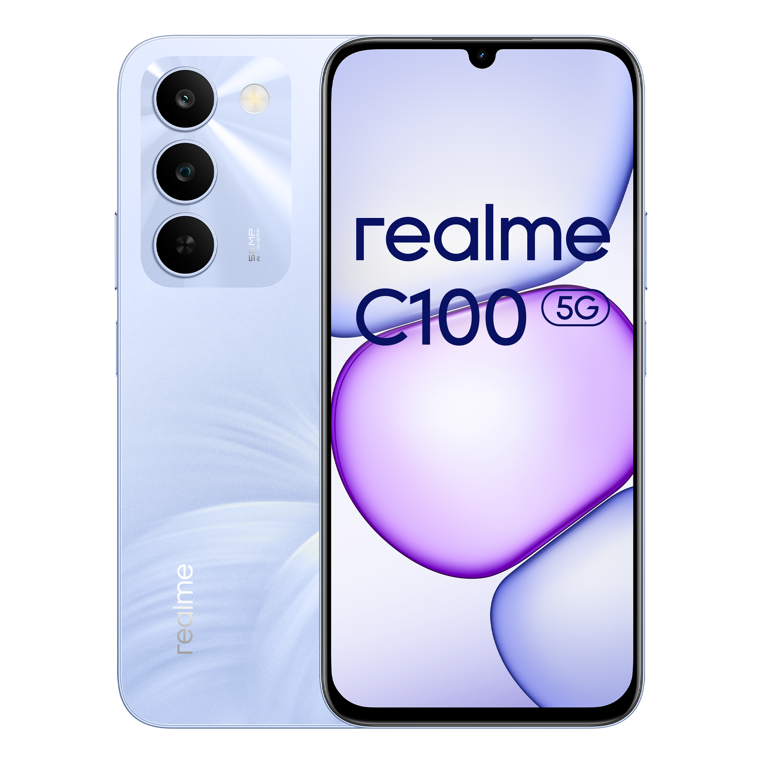 Un smartphone Realme C100 5G azul claro con triple cámara trasera.
