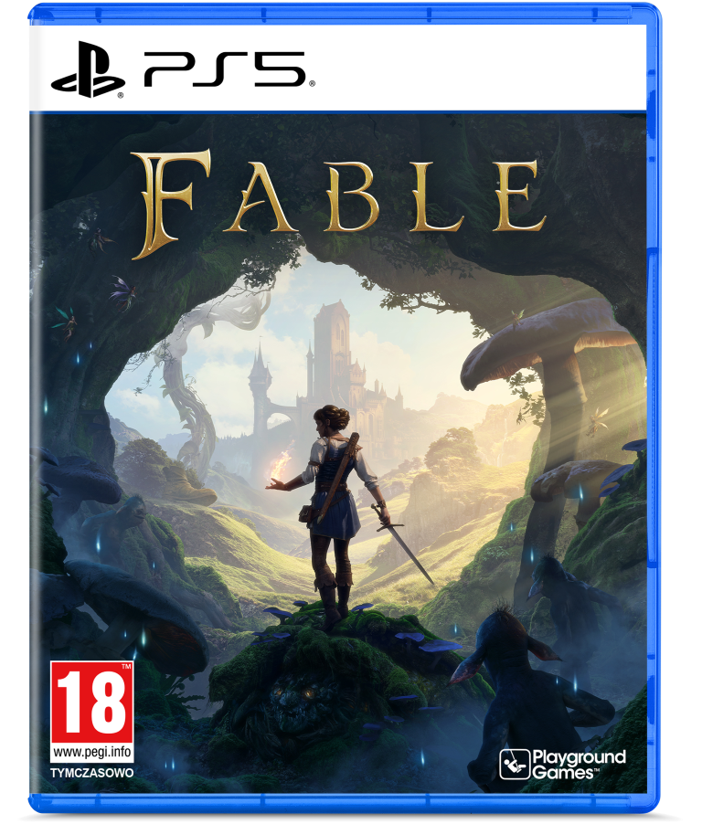 Okładka gry Fable na PS5: Kobieta z mieczem w fantastycznym lesie z zamkiem.