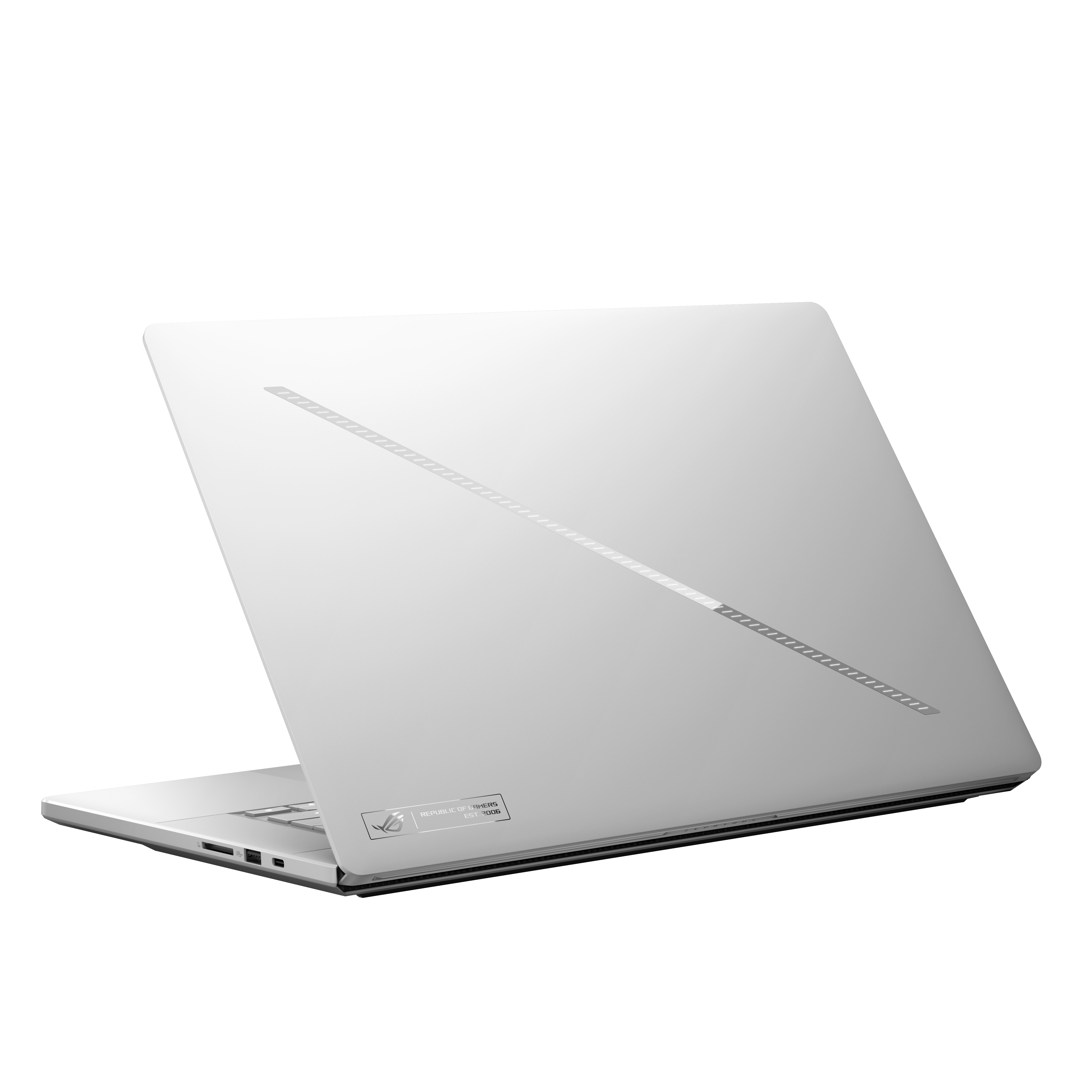 Ein silberner Laptop mit geöffnetem Deckel, aus der Rückansicht.