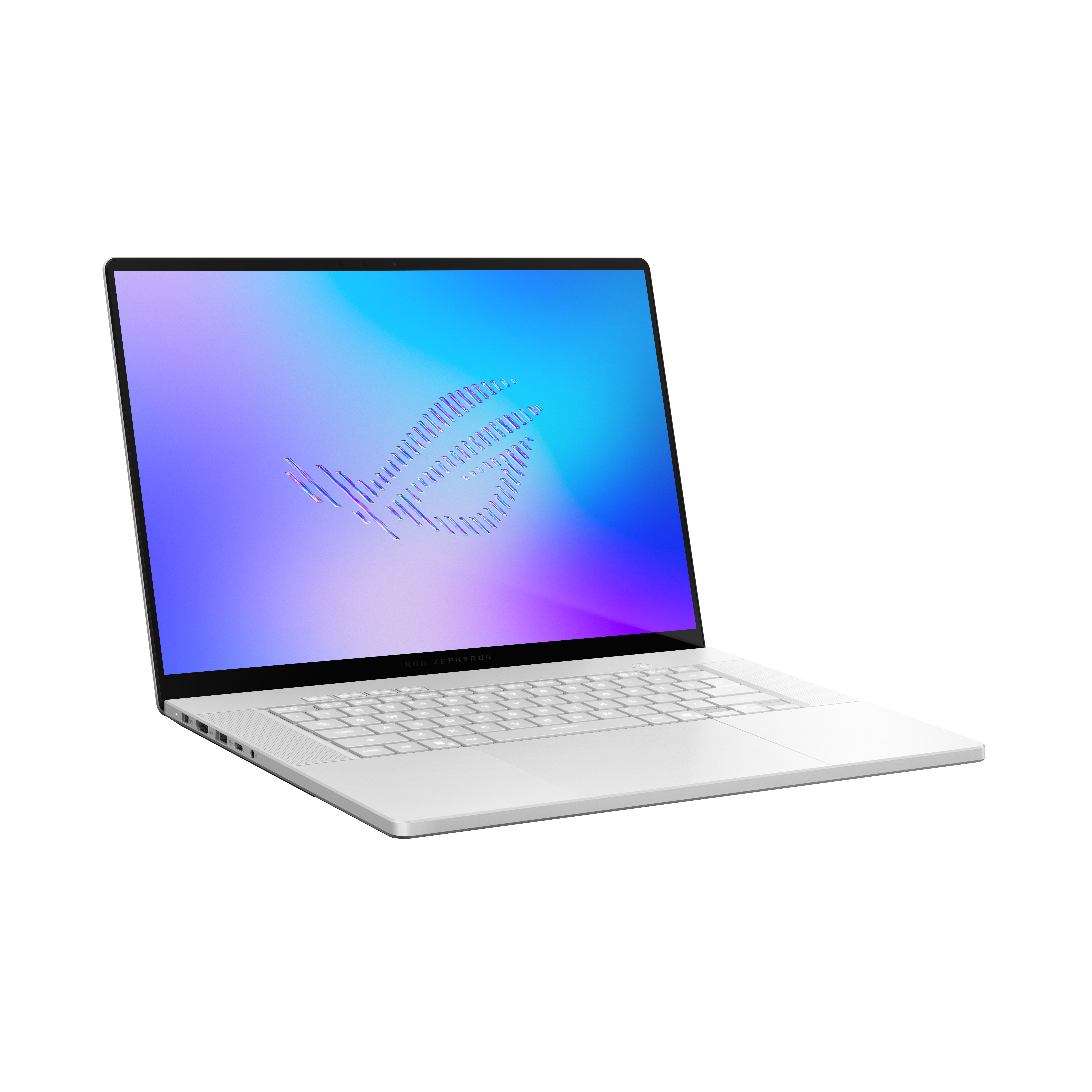 Ein weißes Laptop mit einem leuchtenden Bildschirm, das ROG Zephyrus-Logo wird angezeigt.