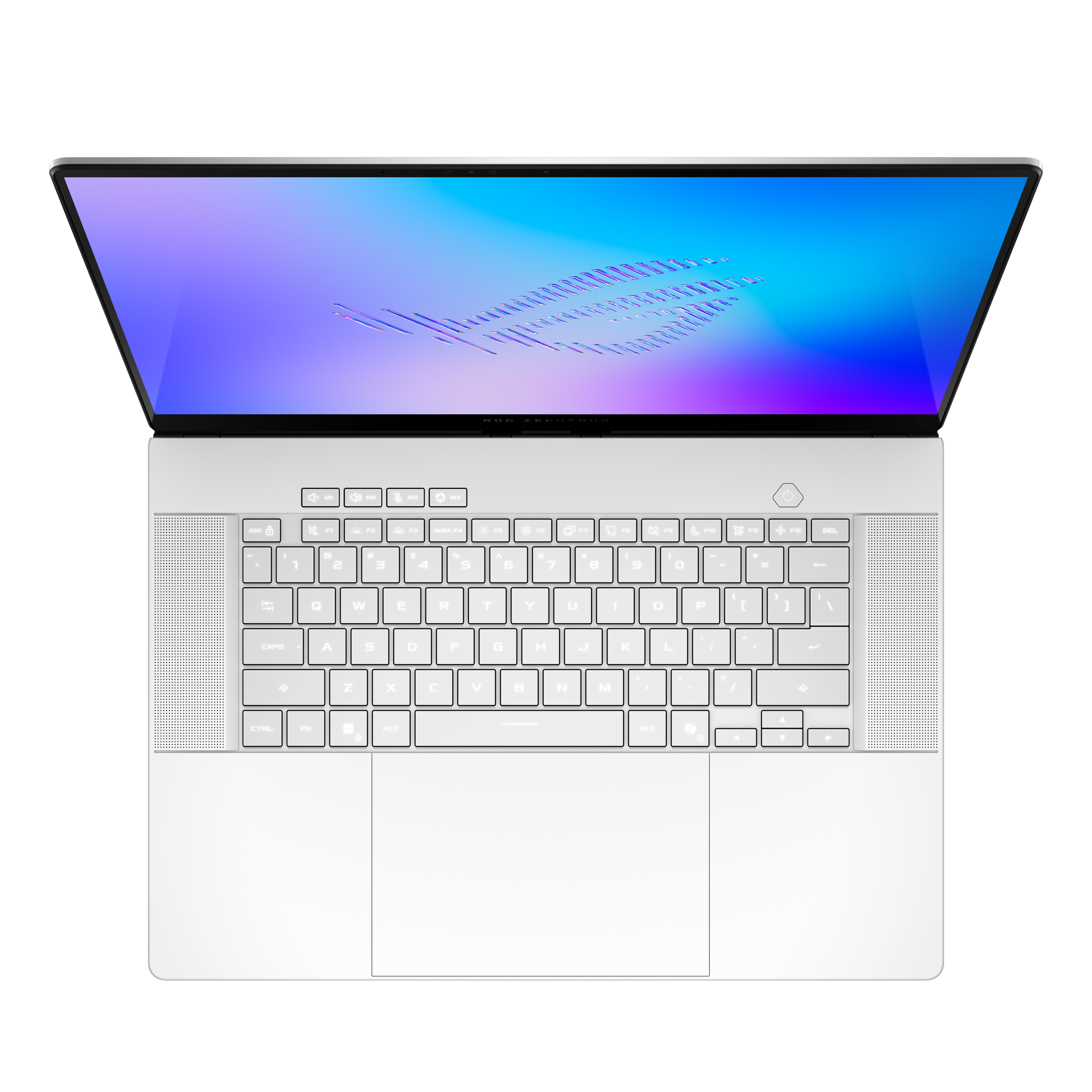 Ein weißer Laptop ist geöffnet und zeigt eine Tastatur und einen bunten Bildschirm.