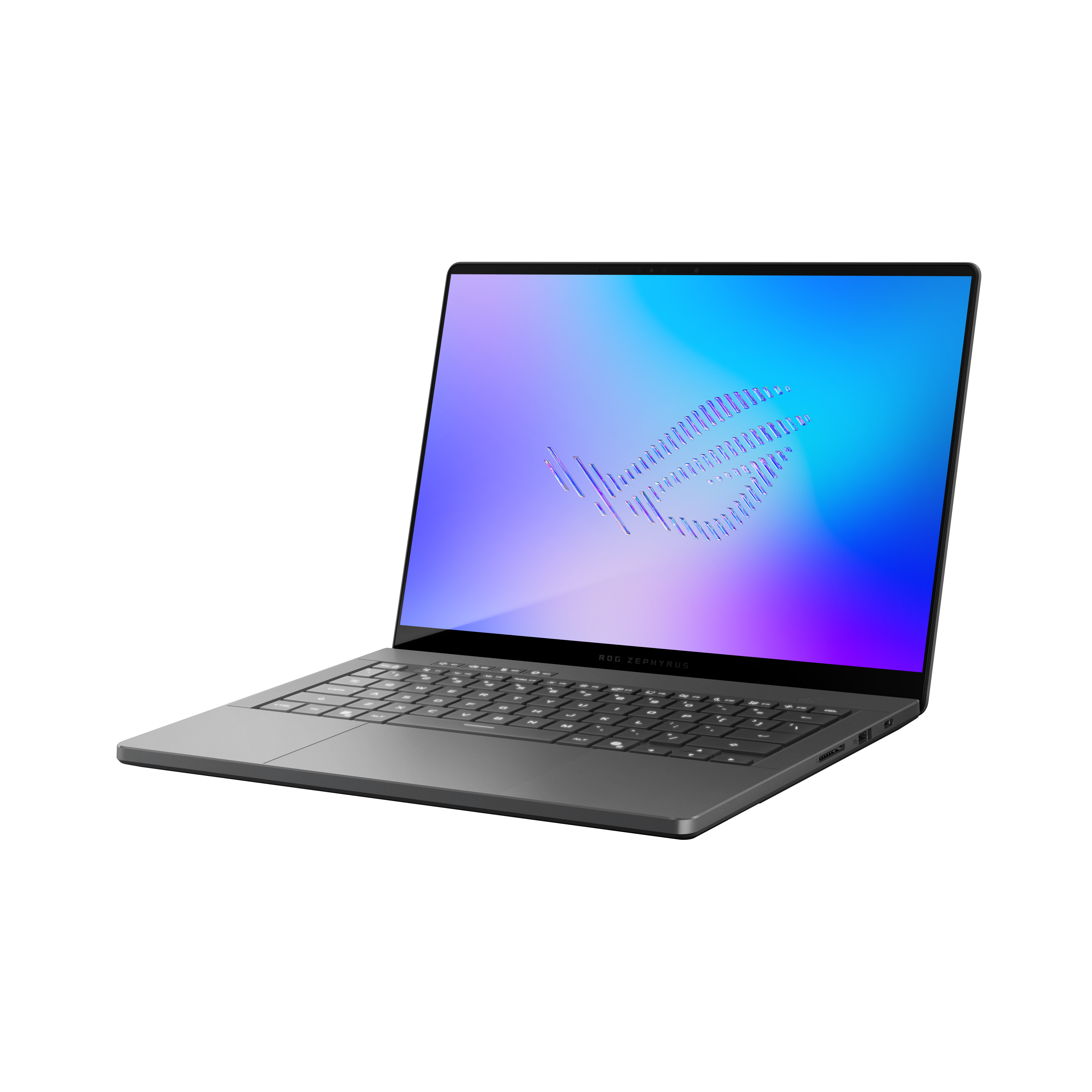 Ein silberner Laptop mit beleuchteter Tastatur und einem blauen/violetten Hintergrundbild.