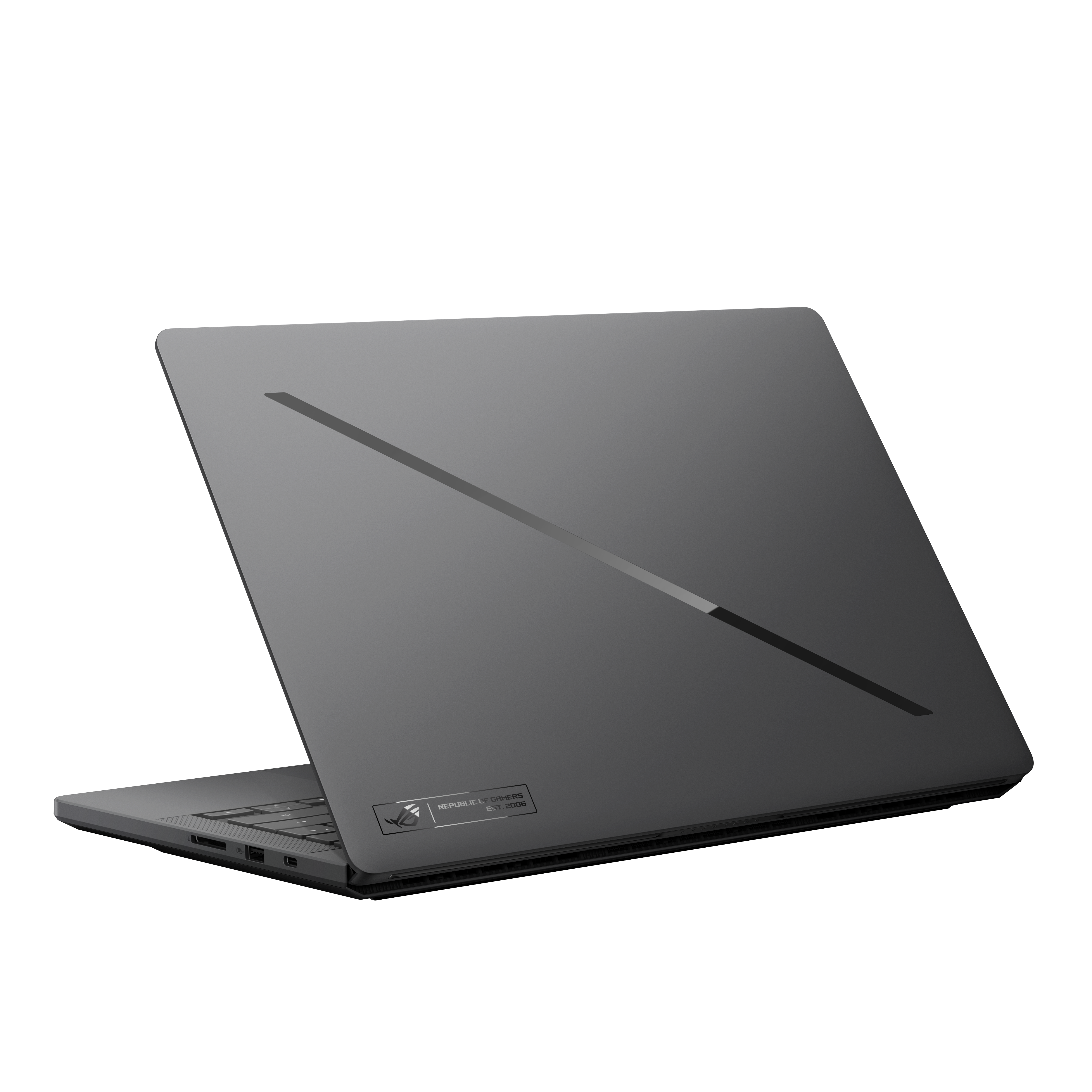 Dunkelgrauer Laptop mit einem dünnen diagonalen Streifen auf dem Deckel.