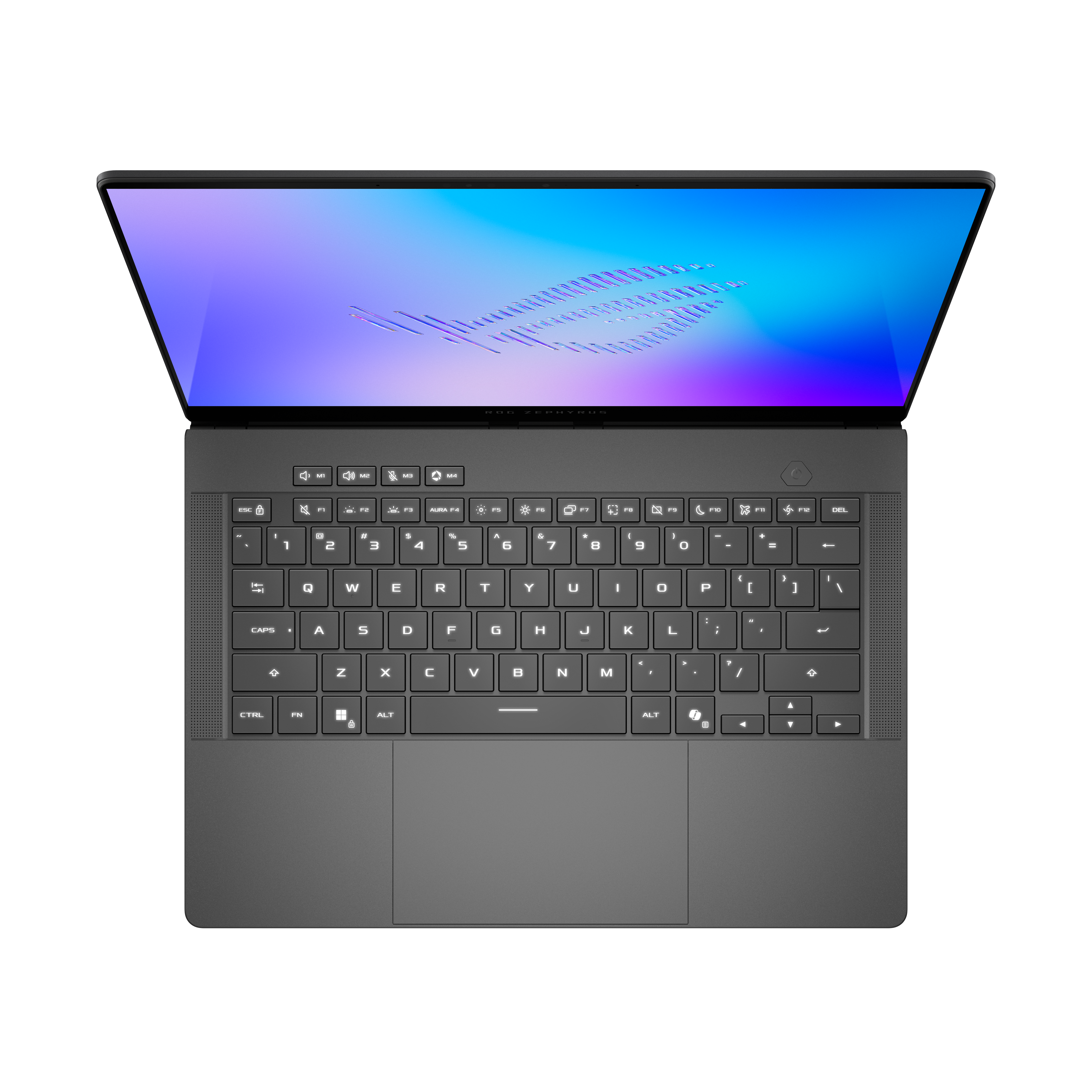 Ein offener schwarzer Laptop mit beleuchteter Tastatur und blau-violetter Bildschirmanzeige.