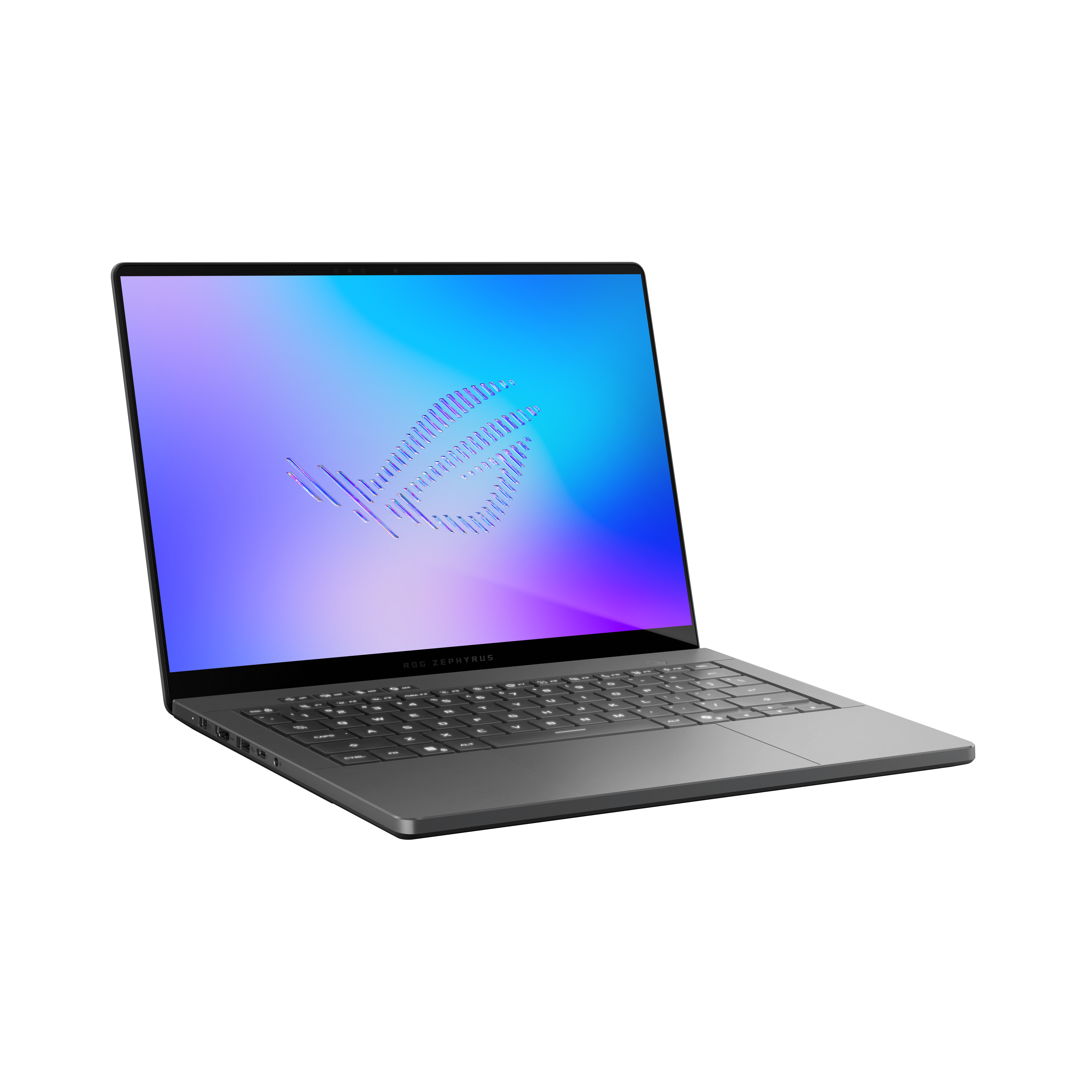 Ein graues Asus ROG Zephyrus Laptop mit beleuchtetem Logo auf dem Bildschirm.