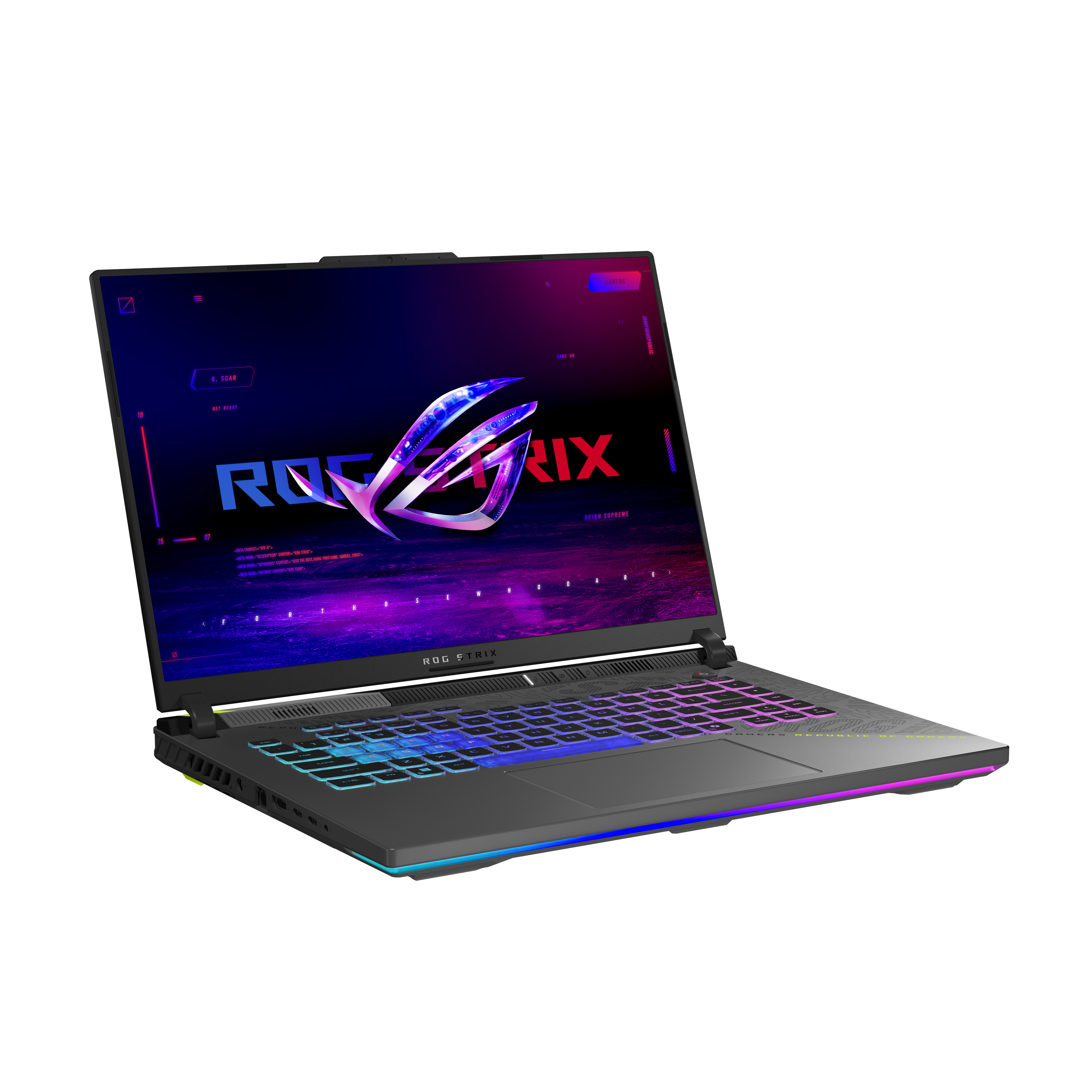 Ein ROG Strix Laptop mit beleuchteter Tastatur, RGB-Logo und schwarzem Gehäuse.