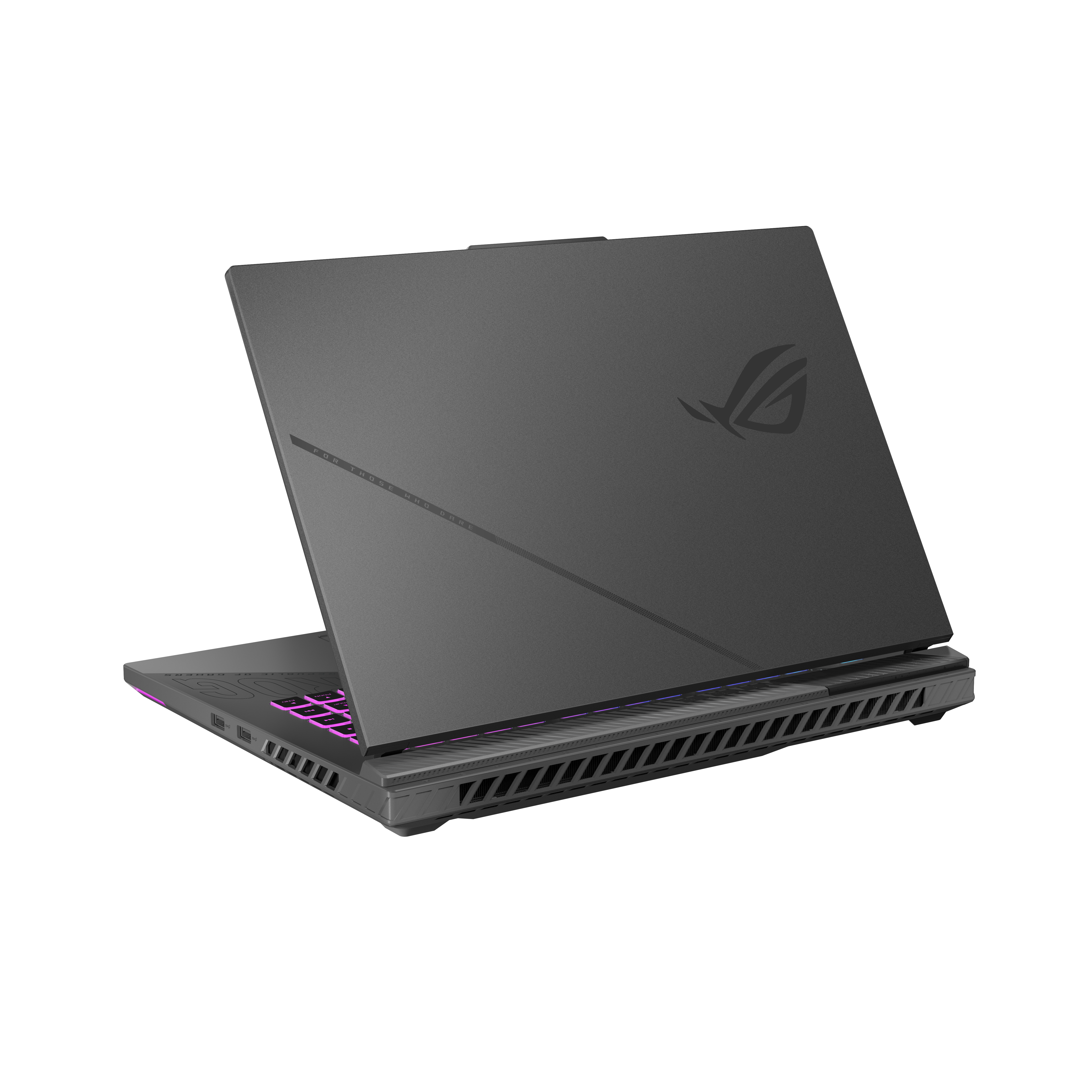 Ein grauer Laptop mit leuchtender Tastatur und ROG-Logo.