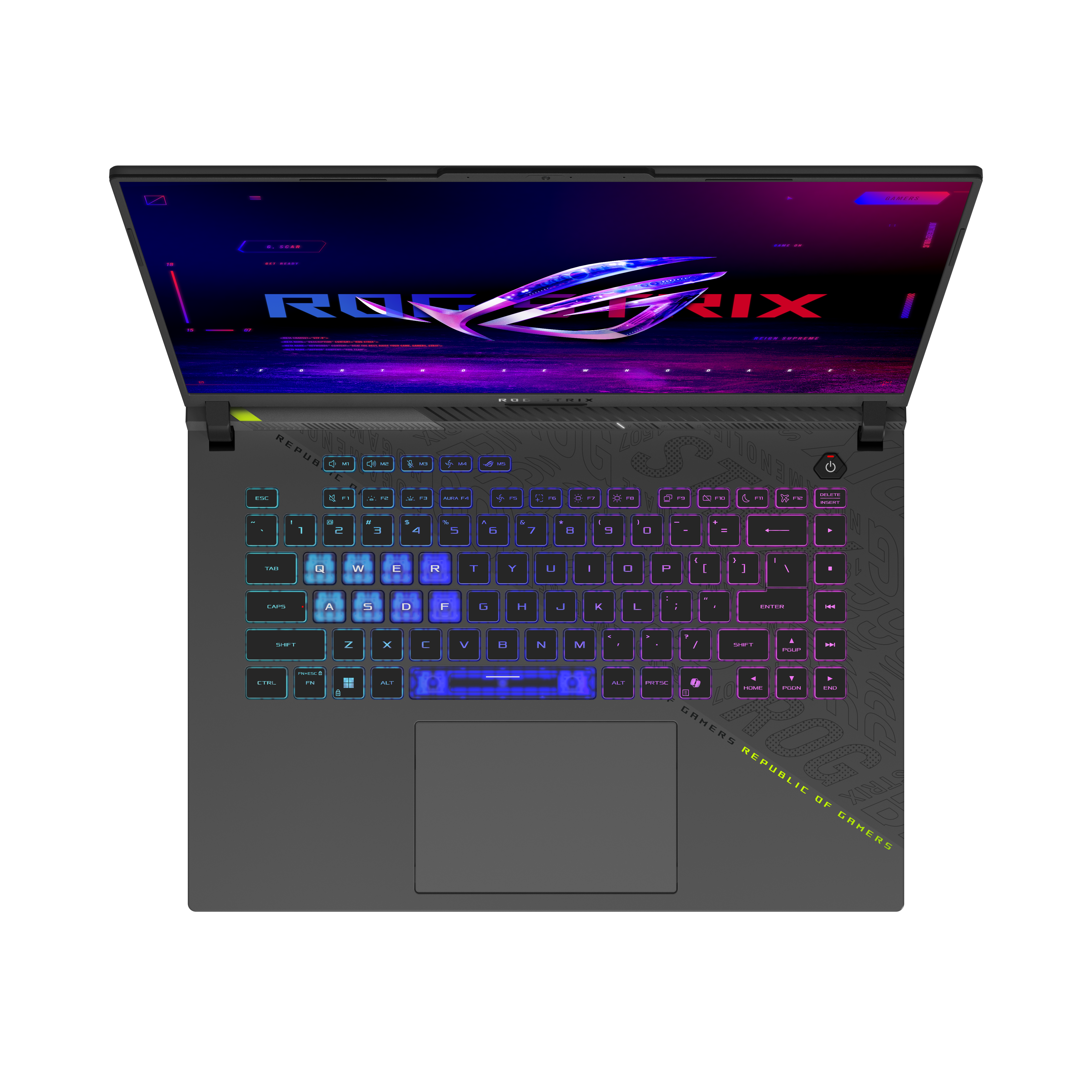 Ein geöffneter Gaming-Laptop mit beleuchteter Tastatur und ROG-Logo auf dem Bildschirm.