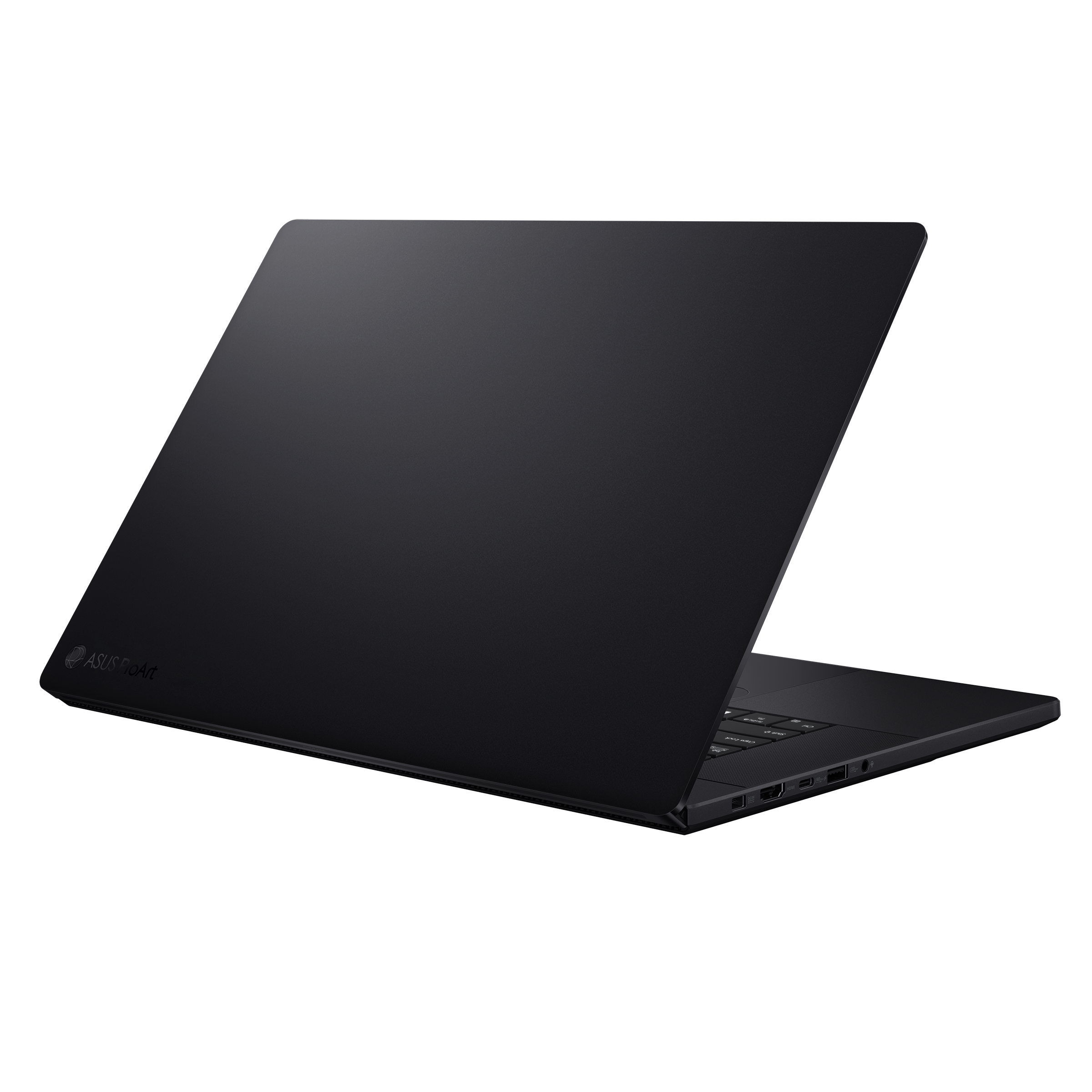 Ein geschlossenes schwarzes ASUS ProArt Notebook mit aufgeklapptem Bildschirm.