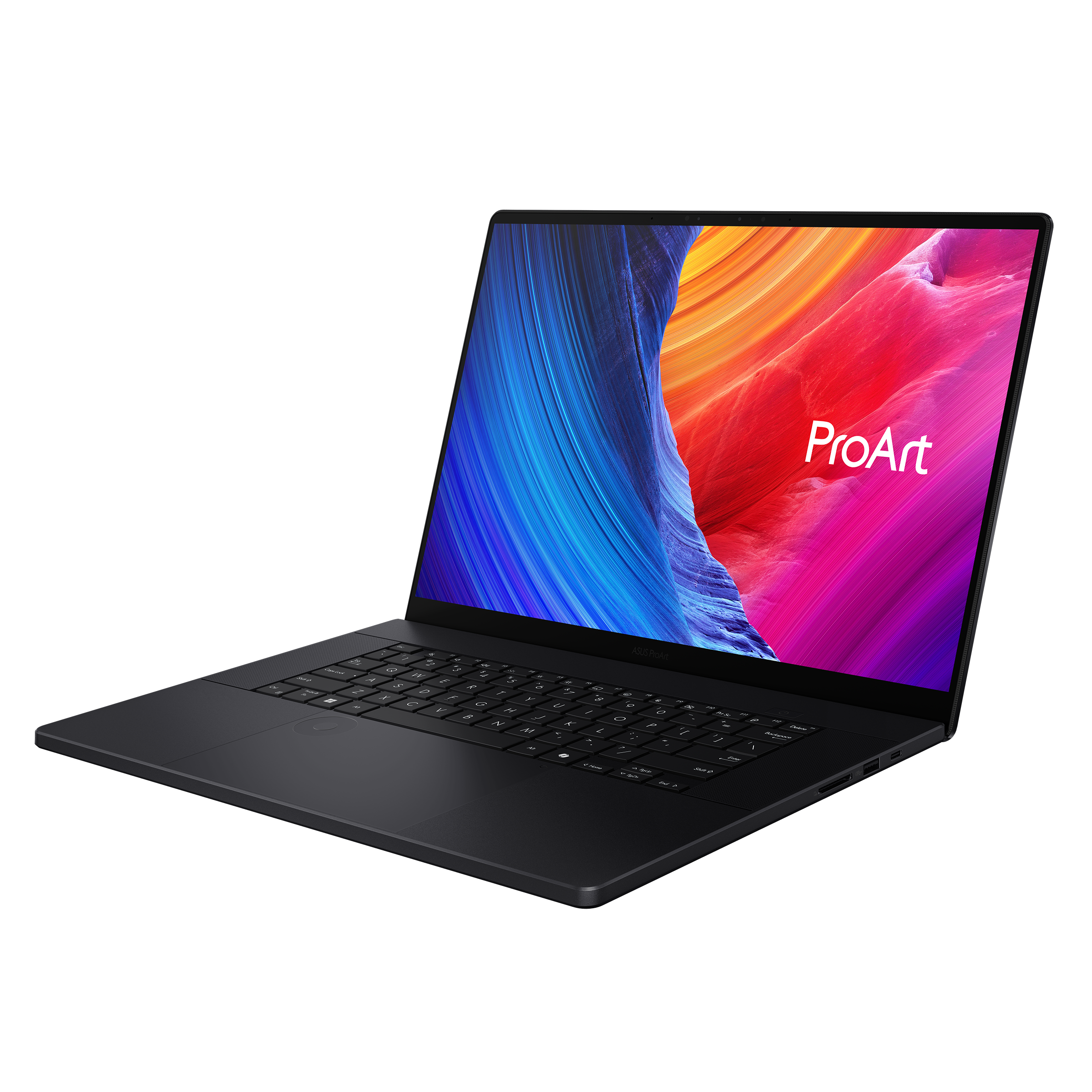 Ein schwarzer Laptop mit leuchtendem, abstraktem Hintergrund auf dem Bildschirm.