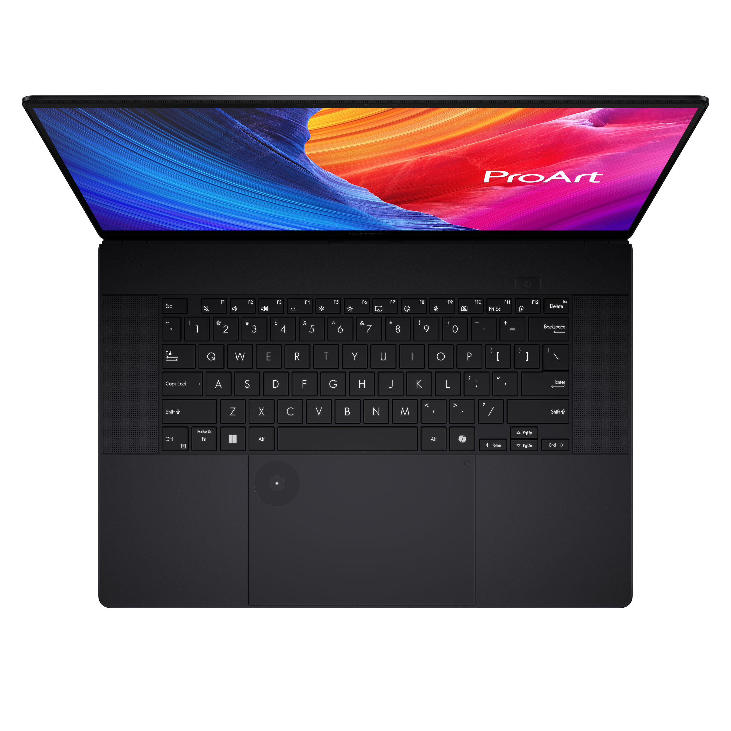 Ein schwarzer Laptop mit geöffnetem Bildschirm, der ein buntes abstraktes Muster zeigt.