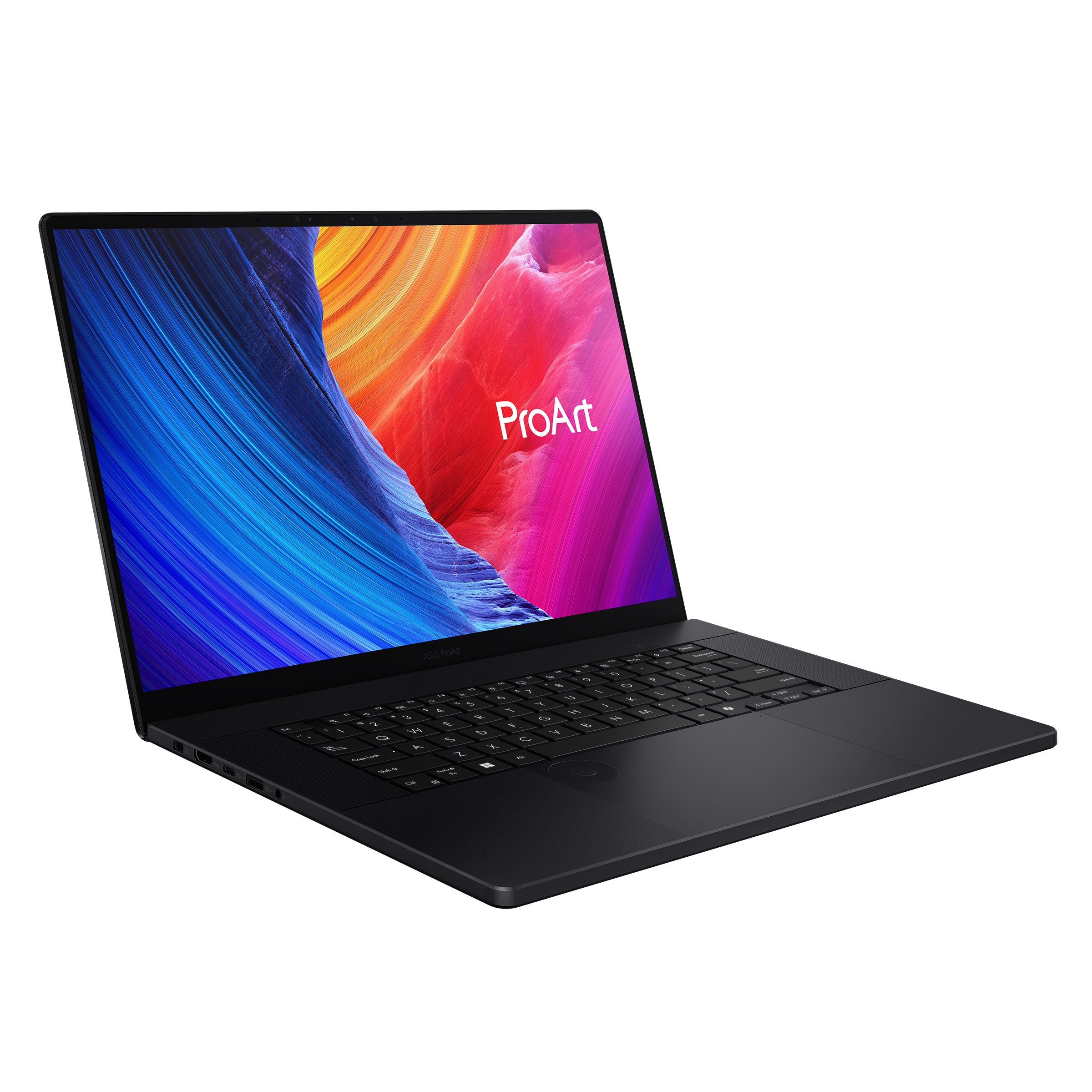 Schwarzer Laptop mit ProArt-Logo auf dem Bildschirm und farbiger Hintergrundgrafik.