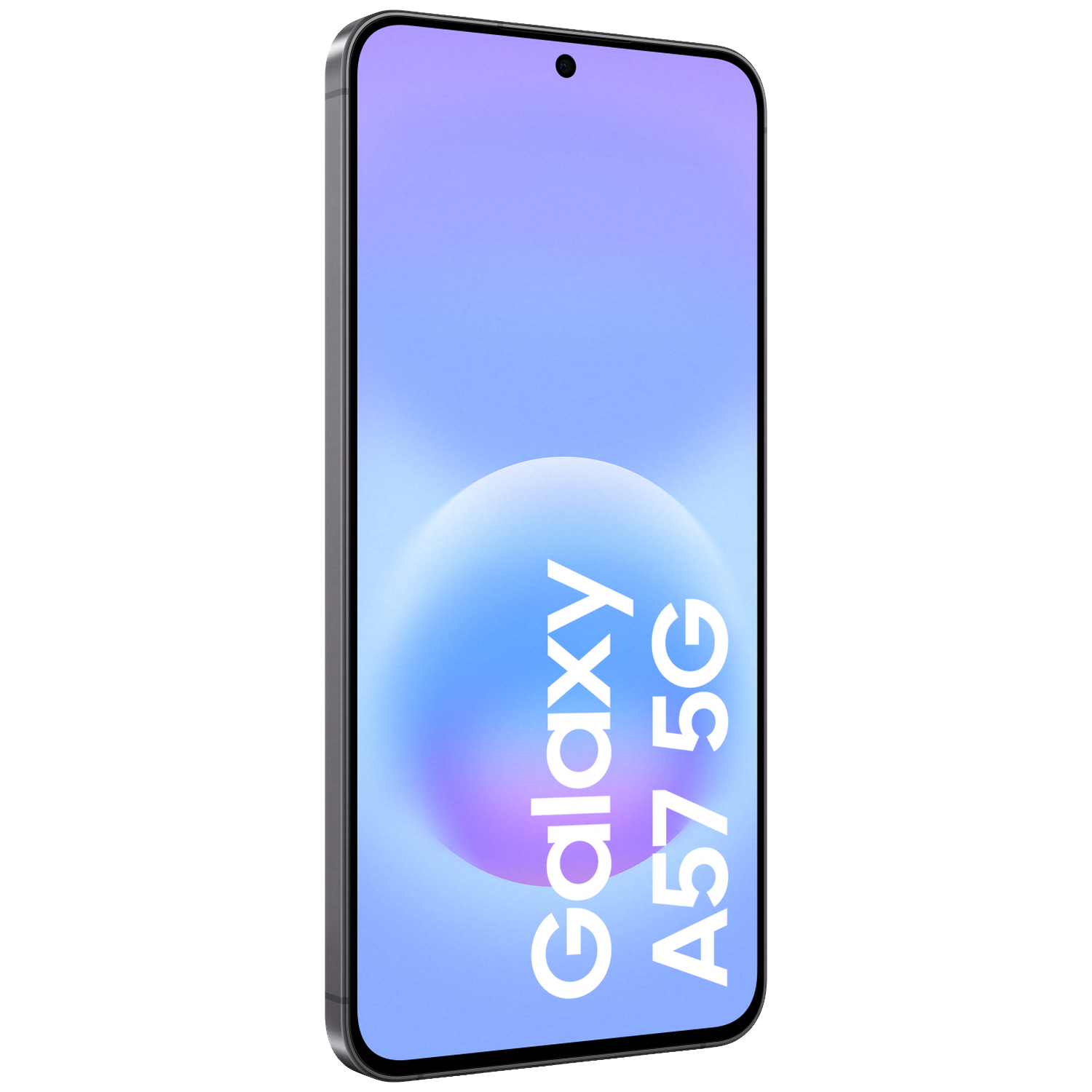 Een Galaxy A57 5G smartphone met een blauwe en paarse achtergrond.