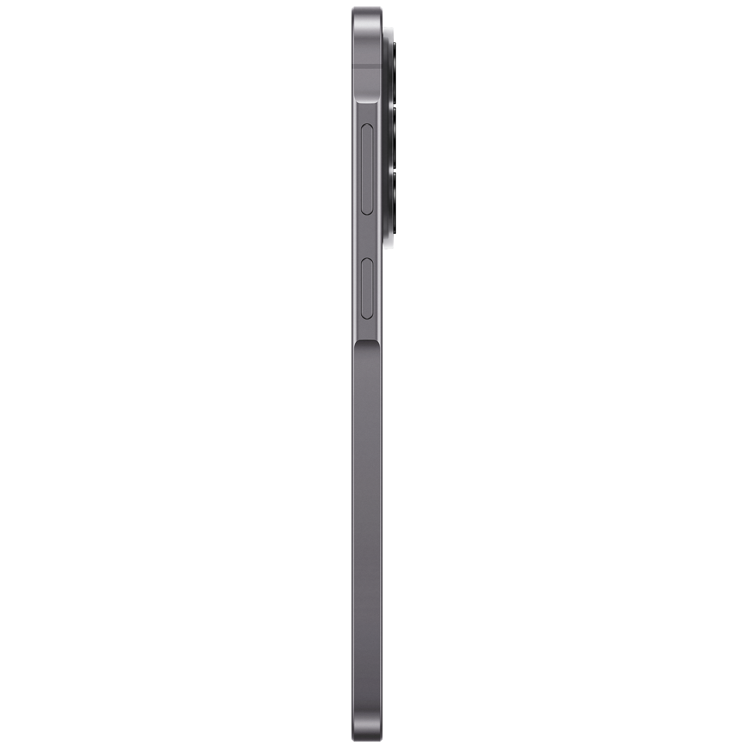 Zijaanzicht van een grijze smartphone met zichtbare knoppen en cameramodule.