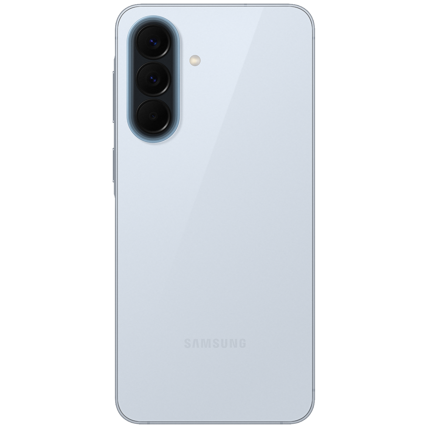 Achterkant van een lichtblauwe Samsung smartphone met drie cameralenzen en flitser.