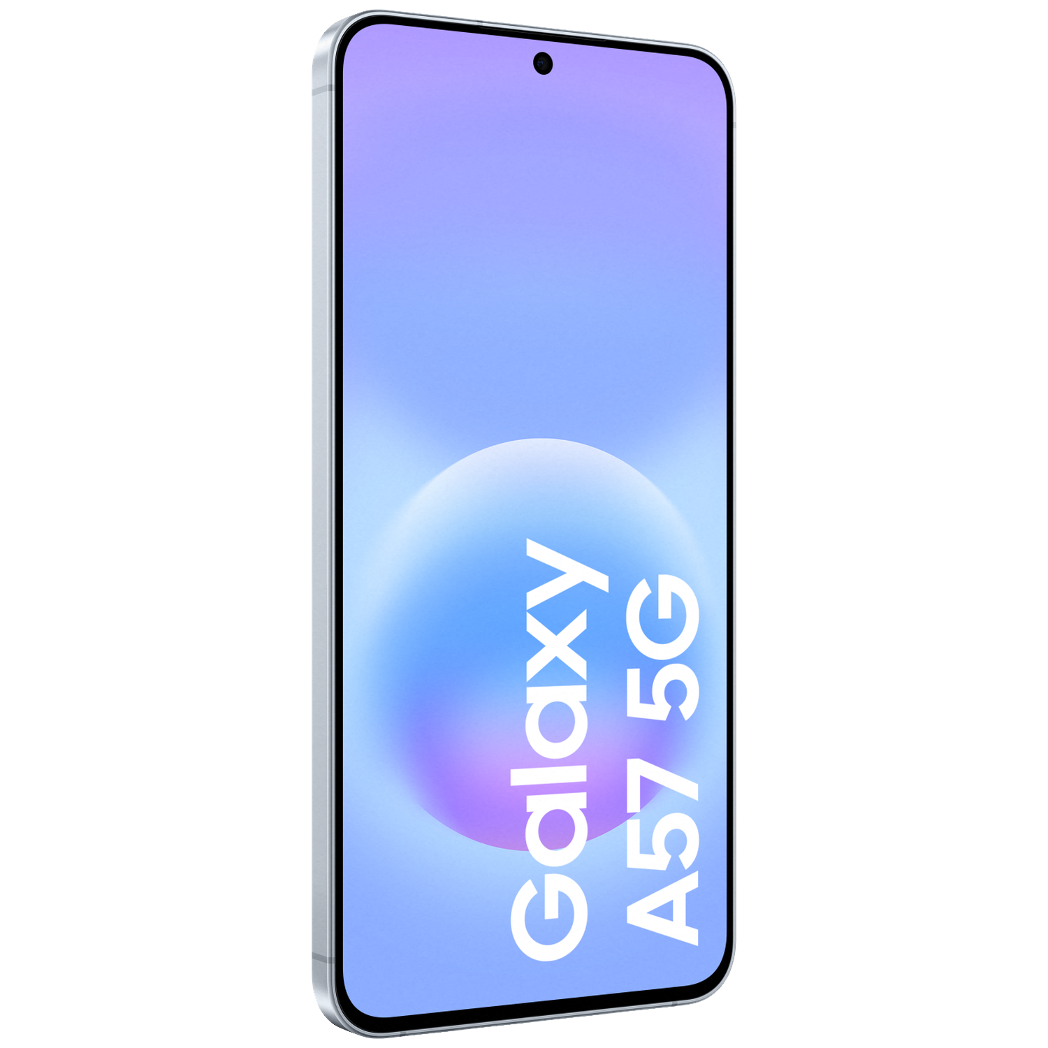 Een zilveren smartphone met 'Galaxy A57 5G' tekst op het scherm.