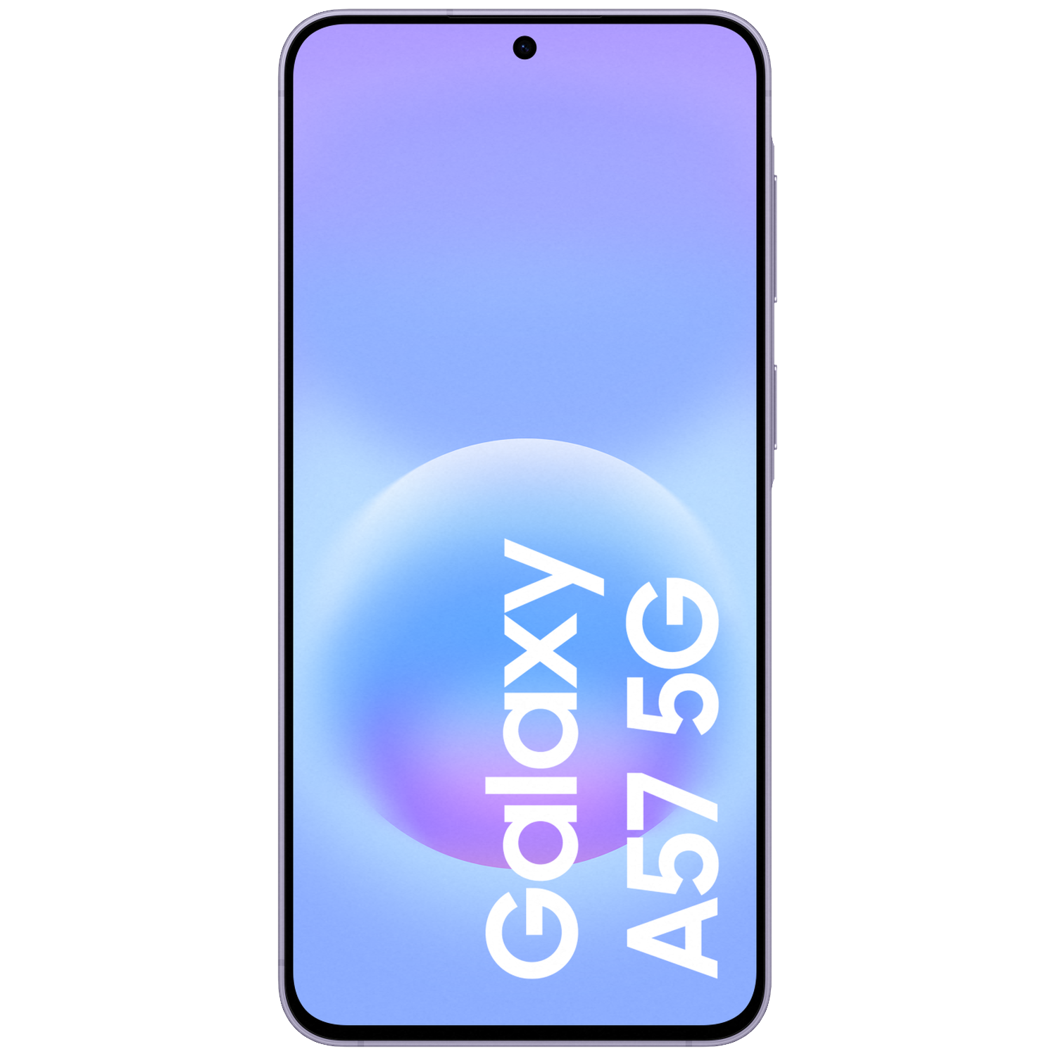 Een paarse Samsung Galaxy A57 5G telefoon met gradiëntscherm en tekst.