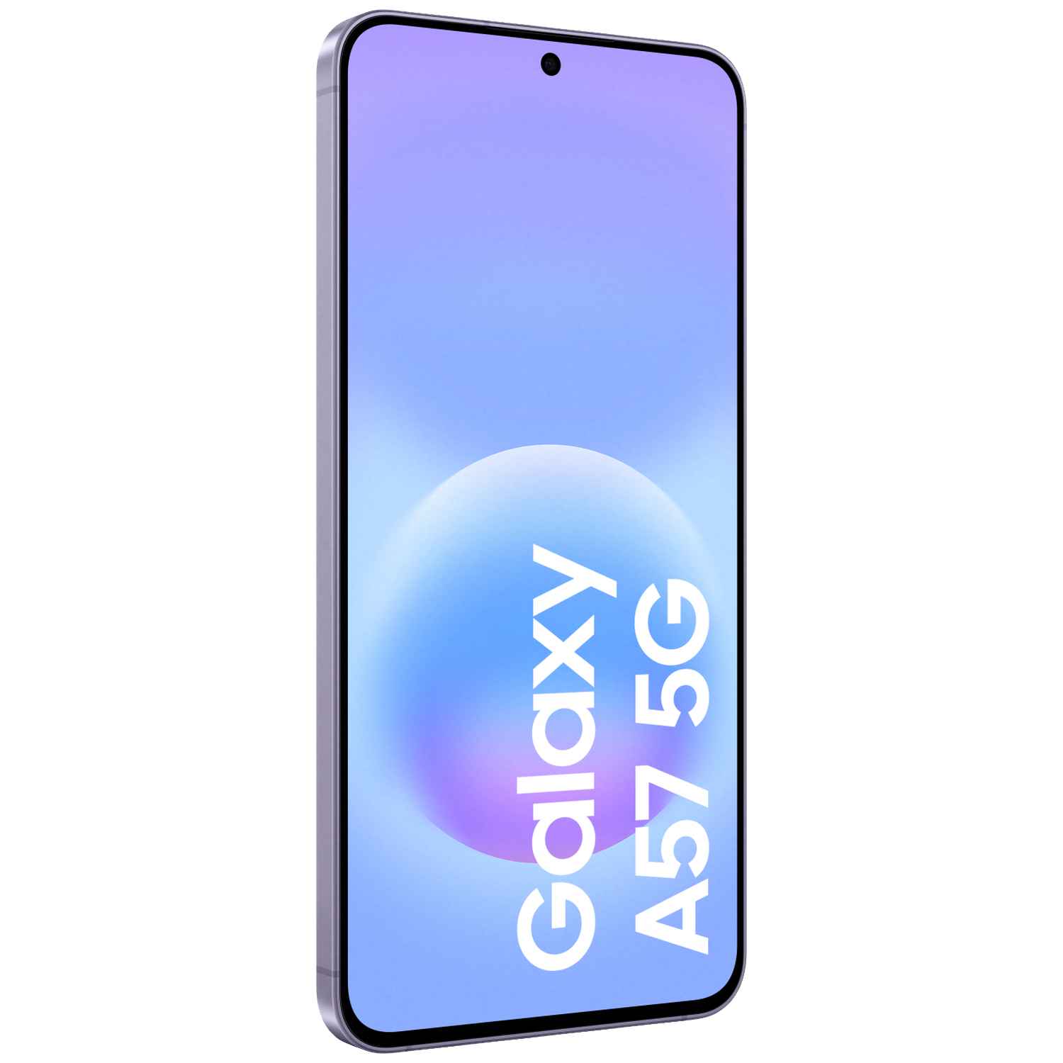 Een paarse smartphone met de tekst "Galaxy A57 5G" op het scherm.