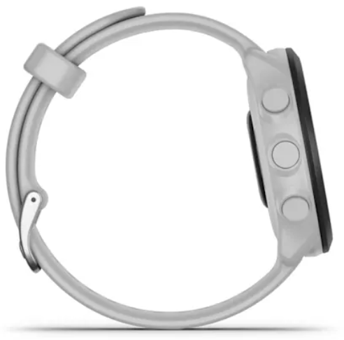 Szary smartwatch z przyciskami po bokach na białym tle.