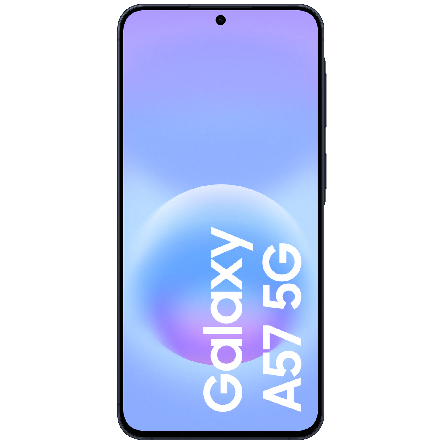 Een donkere smartphone met een lichtblauwe achtergrond en de tekst "Galaxy A57 5G".