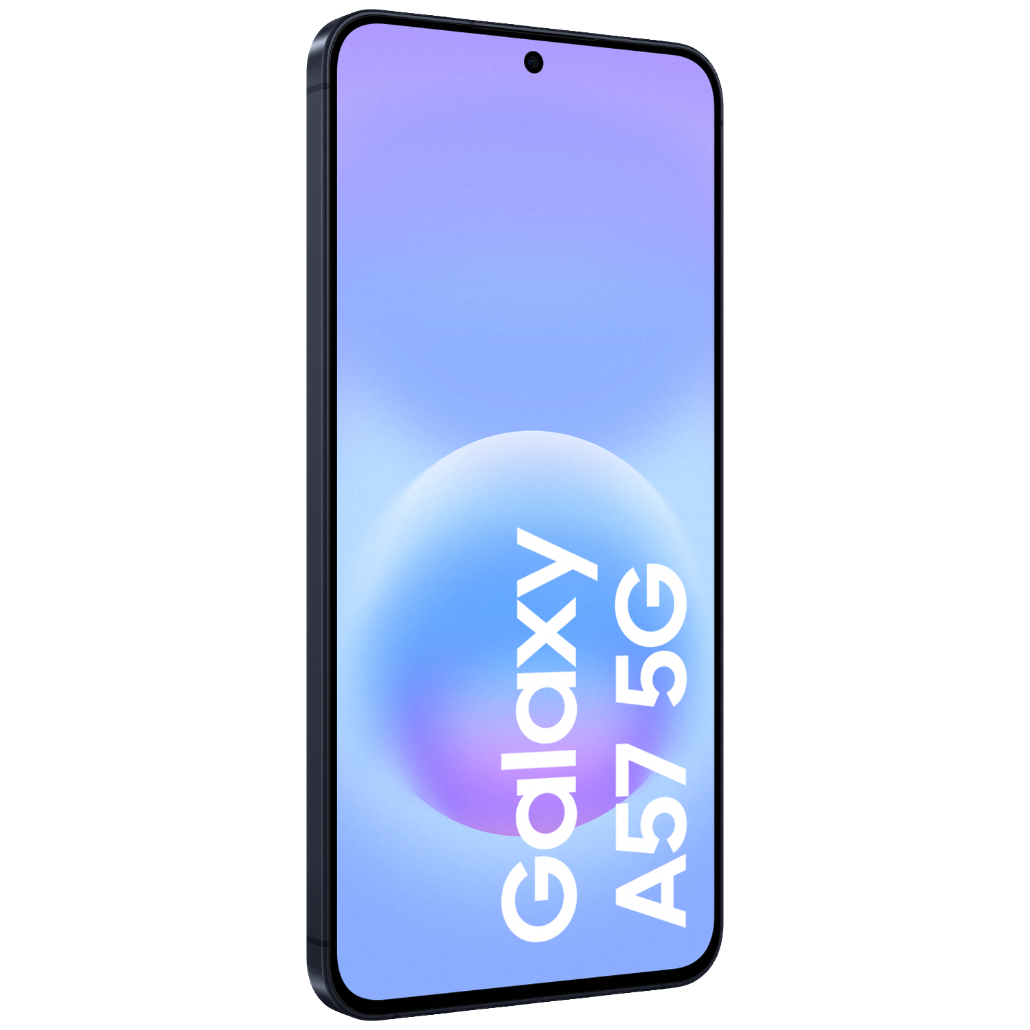 Een donkere smartphone met de tekst "Galaxy A57 5G" op het scherm.
