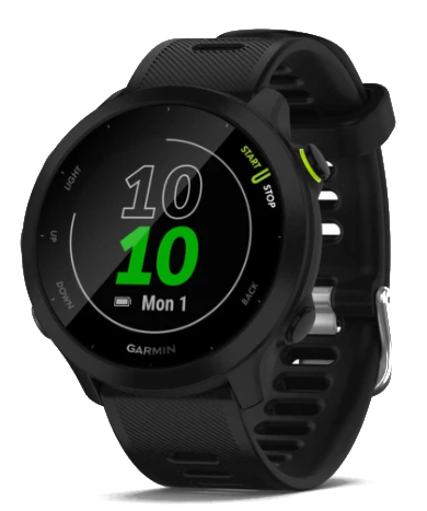 Czarny zegarek Garmin z zielonym wyświetlaczem pokazującym 10:10 i Pon 1.
