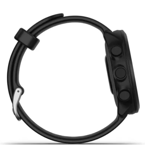 Czarny smartwatch z bocznymi przyciskami i paskiem, pokazany z profilu.