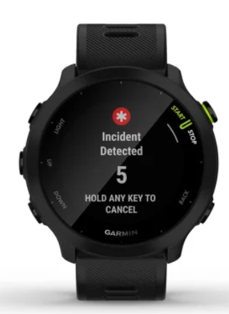 Czarny zegarek Garmin wyświetla 'Wykryto incydent' z odliczaniem.