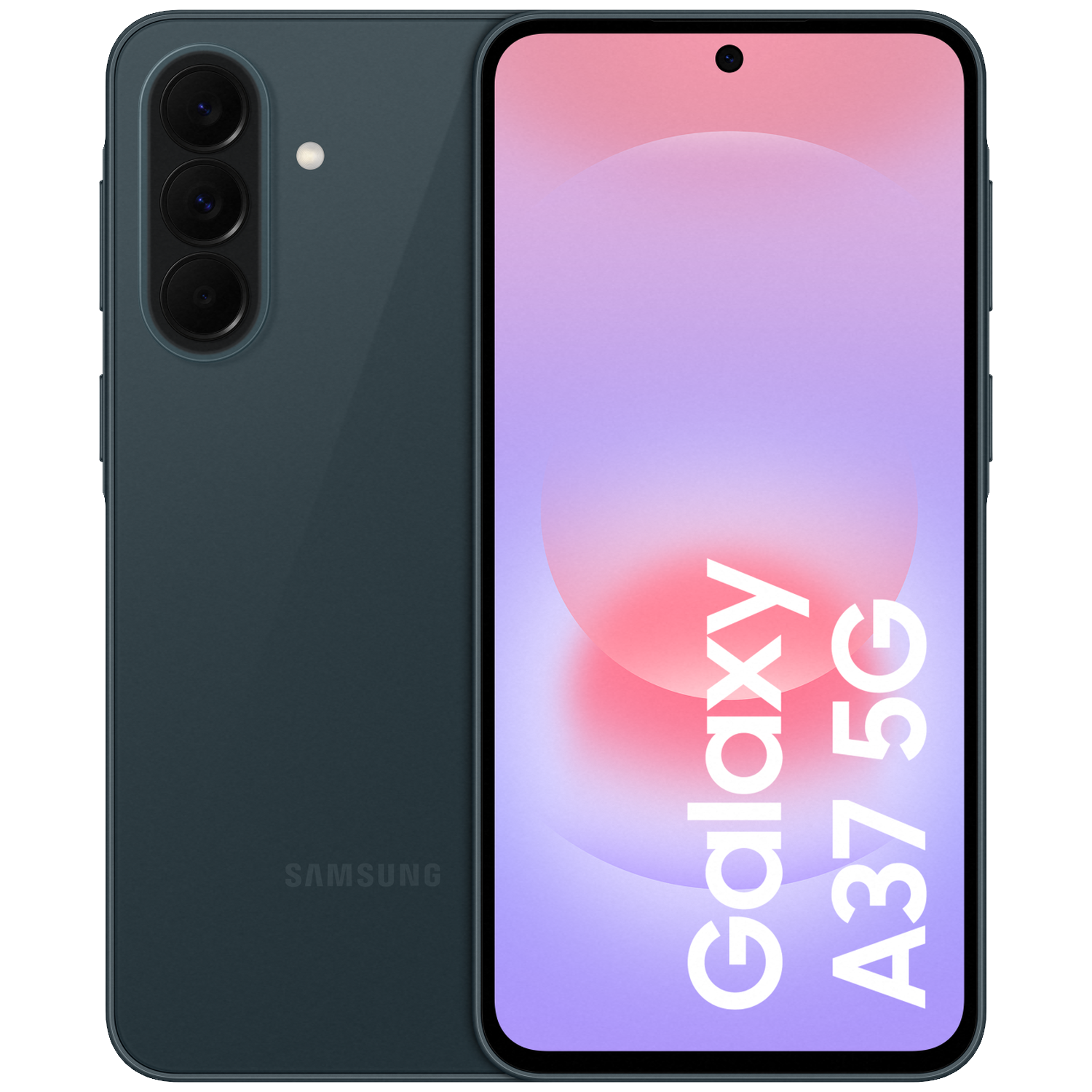 Donkergroene Samsung Galaxy A37 5G smartphone met drievoudige camera en flitser.