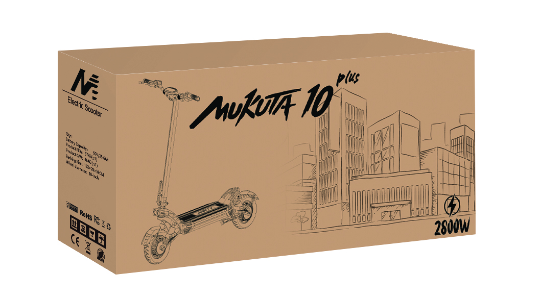 Elektrikli scooter kutusu, scooter çizimi, şehir manzarası ve 2800W logosu.